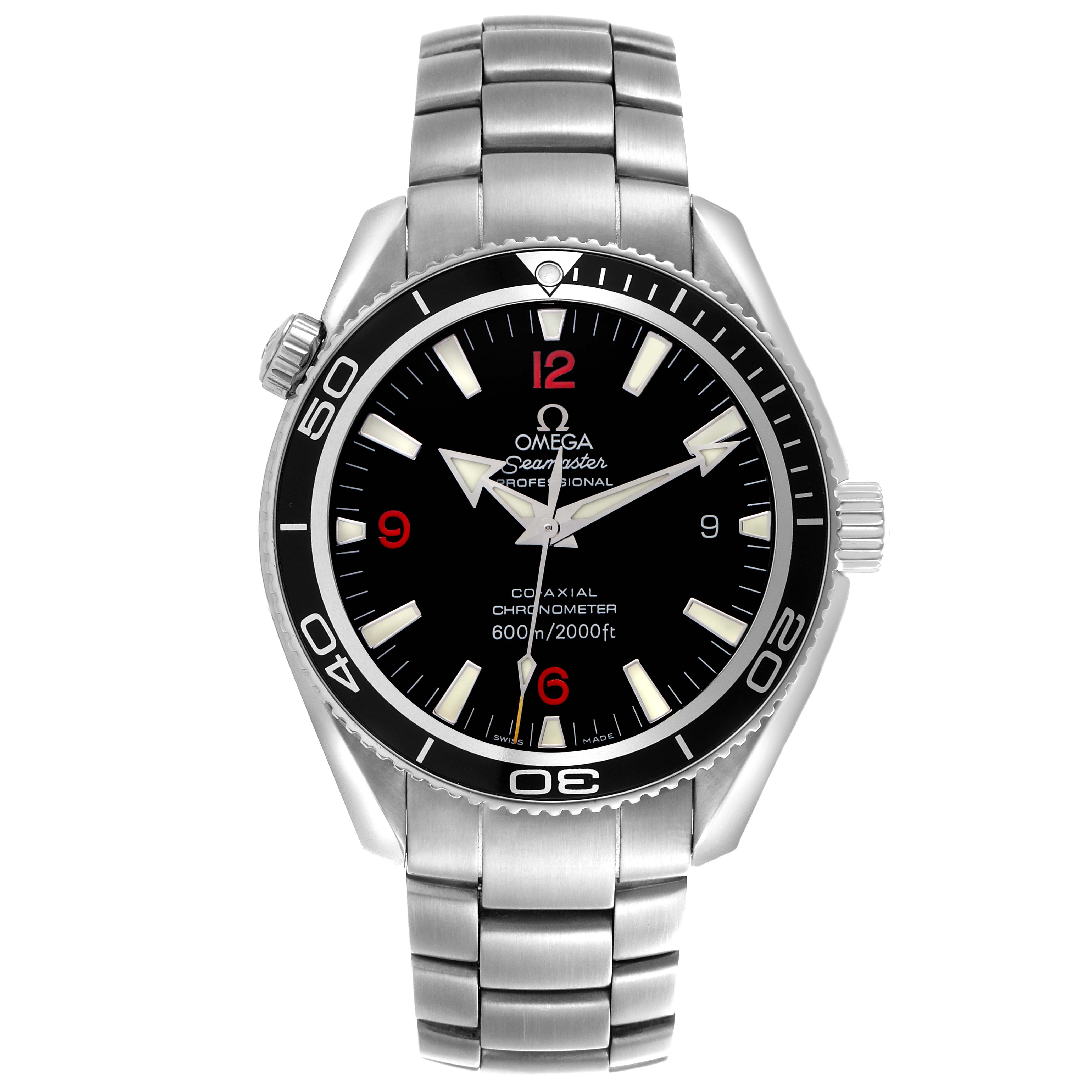 The Omega Planet Ocean 2201.51.00 Men
s Stainless Steel Black Dial 2201.51.00 Men
s Stainless Steel Black Dial watch is shown from a top view, displaying its face, bezel, crown, and metal bracelet.