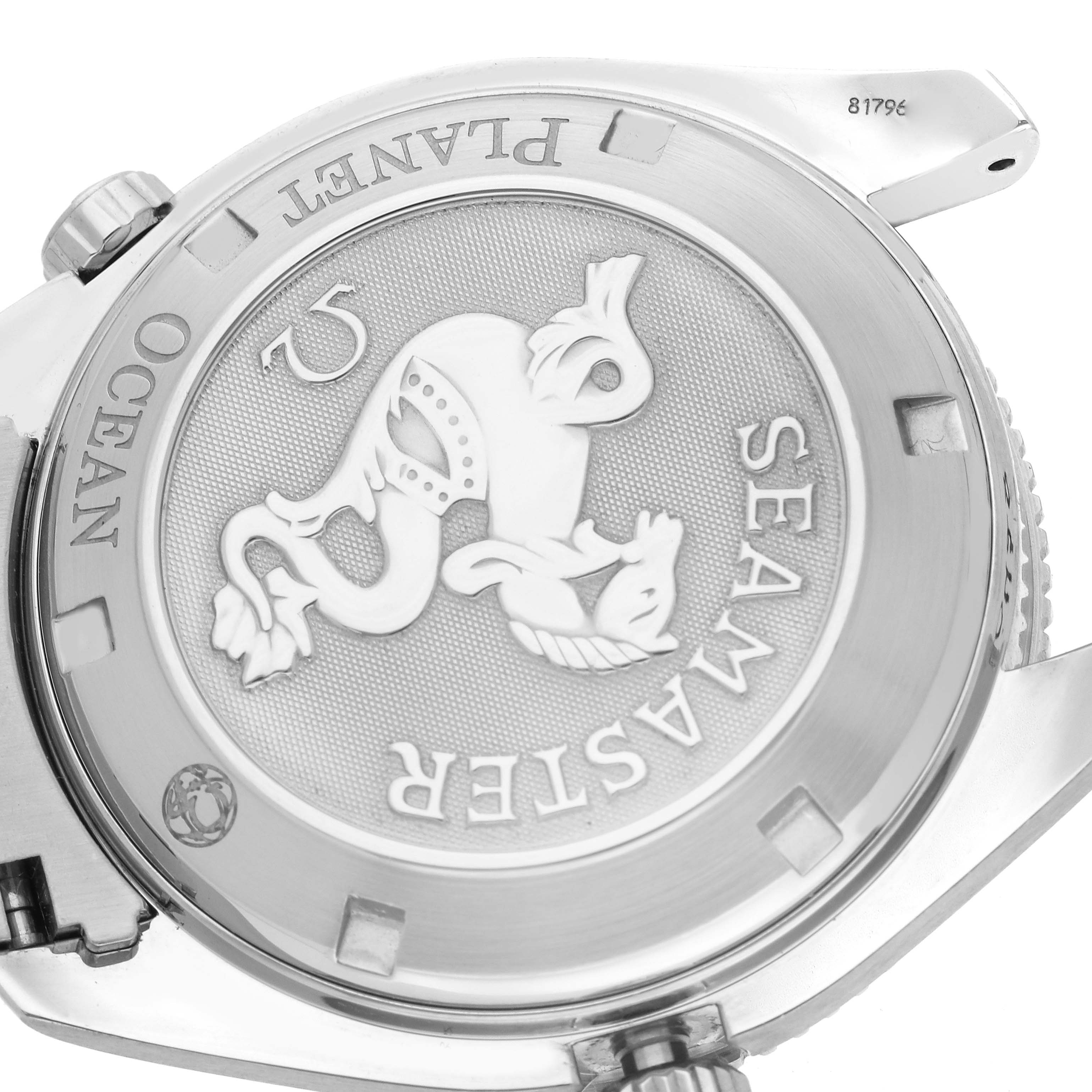 The image shows the case back of the Omega Planet Ocean 2201.51.00 Men
s Stainless Steel Black Dial 2201.51.00 Men
s Stainless Steel Black Dial watch, featuring the Seamaster logo and detailing.