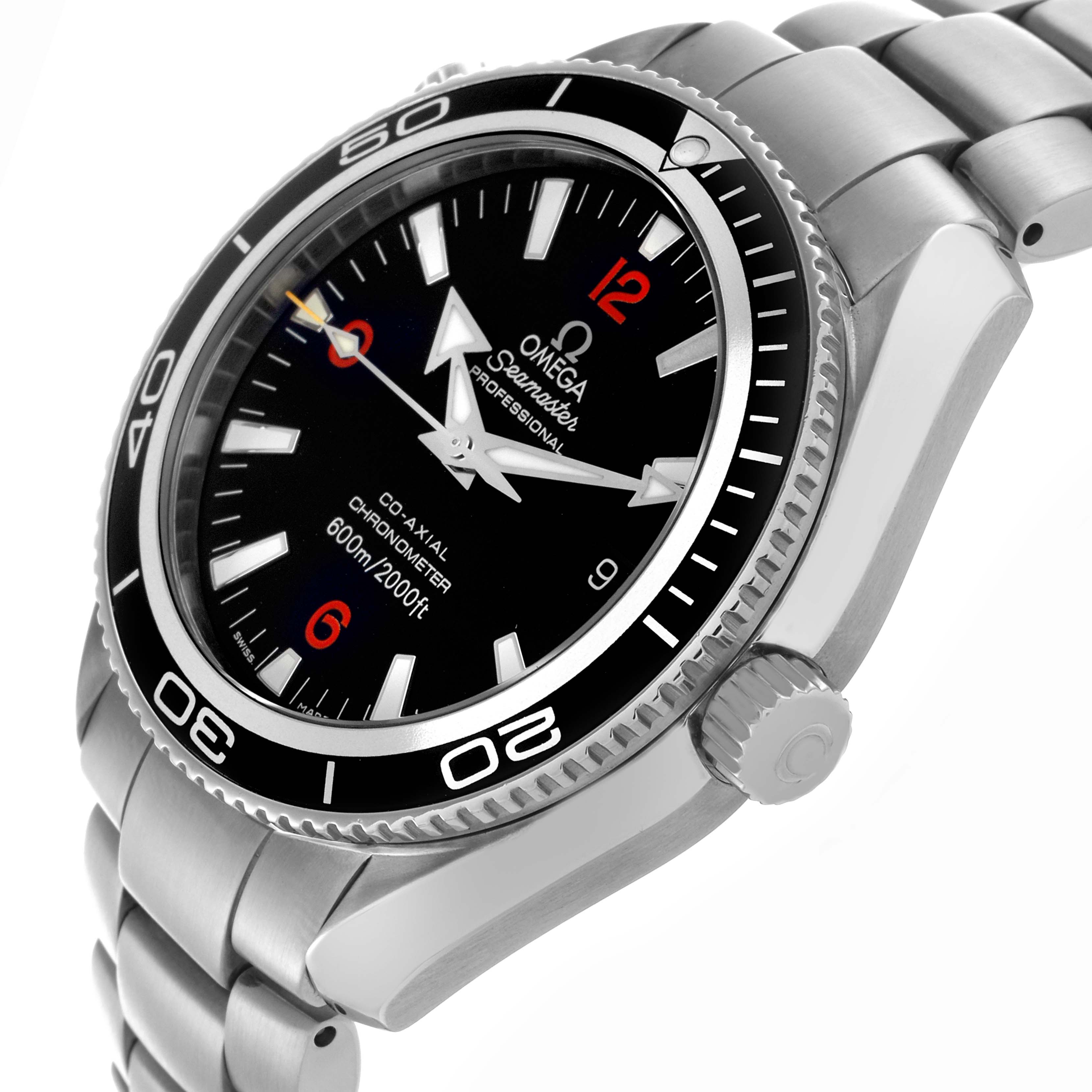 The Omega Planet Ocean 2201.51.00 Men
s Stainless Steel Black Dial 2201.51.00 Men
s Stainless Steel Black Dial watch is shown from a side angle displaying the face, bezel, and part of the stainless steel bracelet.