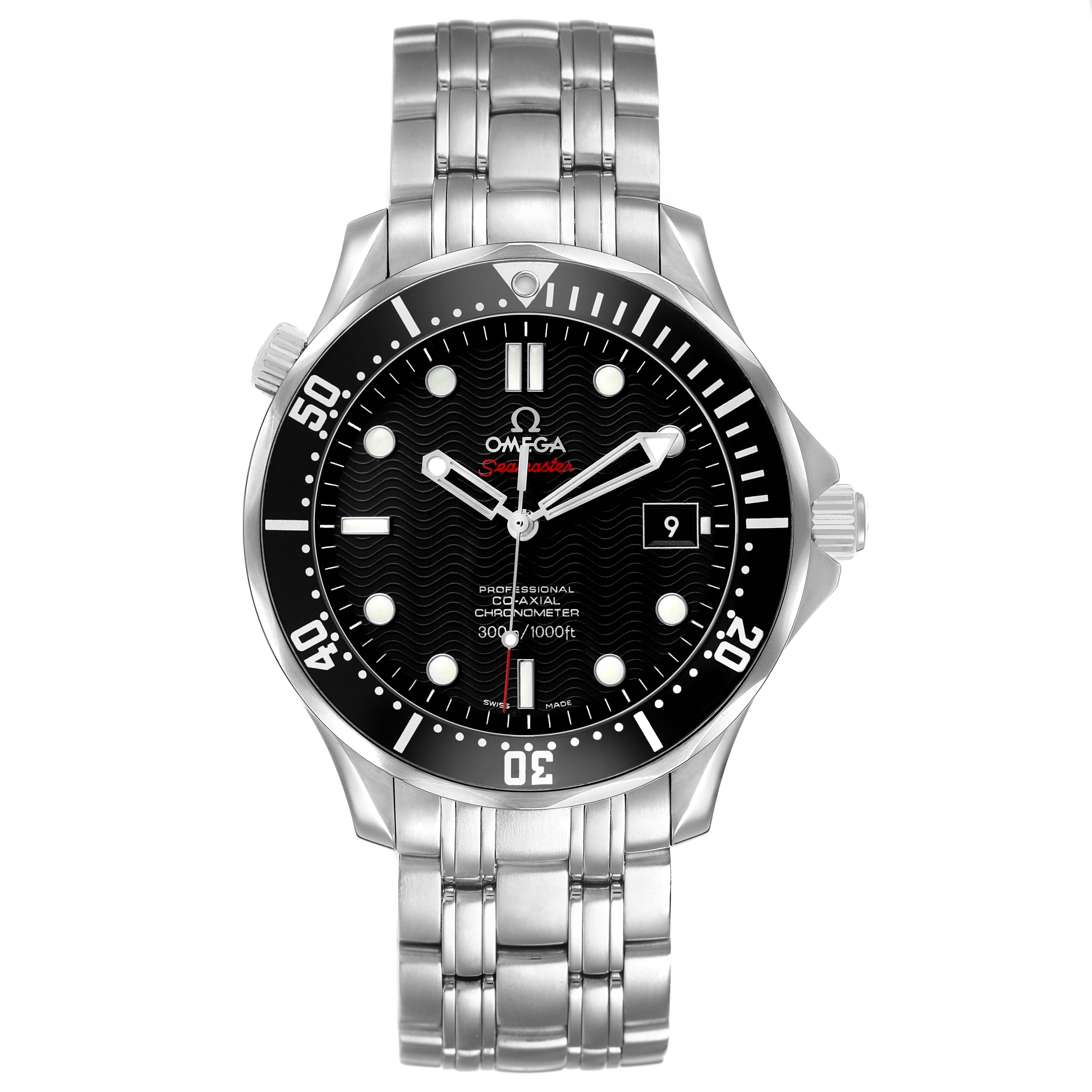 The Omega Seamaster 212.30.41.20.01.002 Men's Stainless Steel Black Dial watch is shown from a front view, displaying the dial, bezel, case, and bracelet.