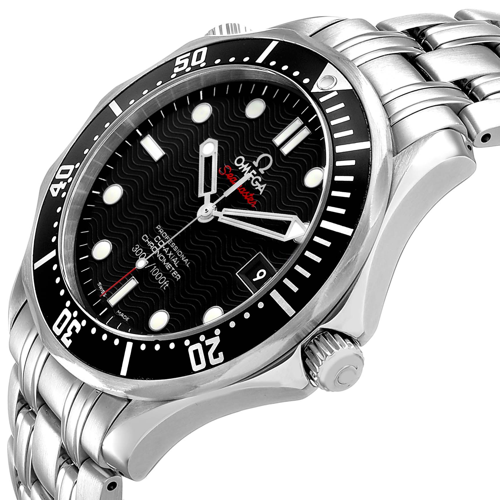 The Omega Seamaster 212.30.41.20.01.002 Men's Stainless Steel Black Dial watch is shown at a slight angle, highlighting the dial, bezel, case, and bracelet.