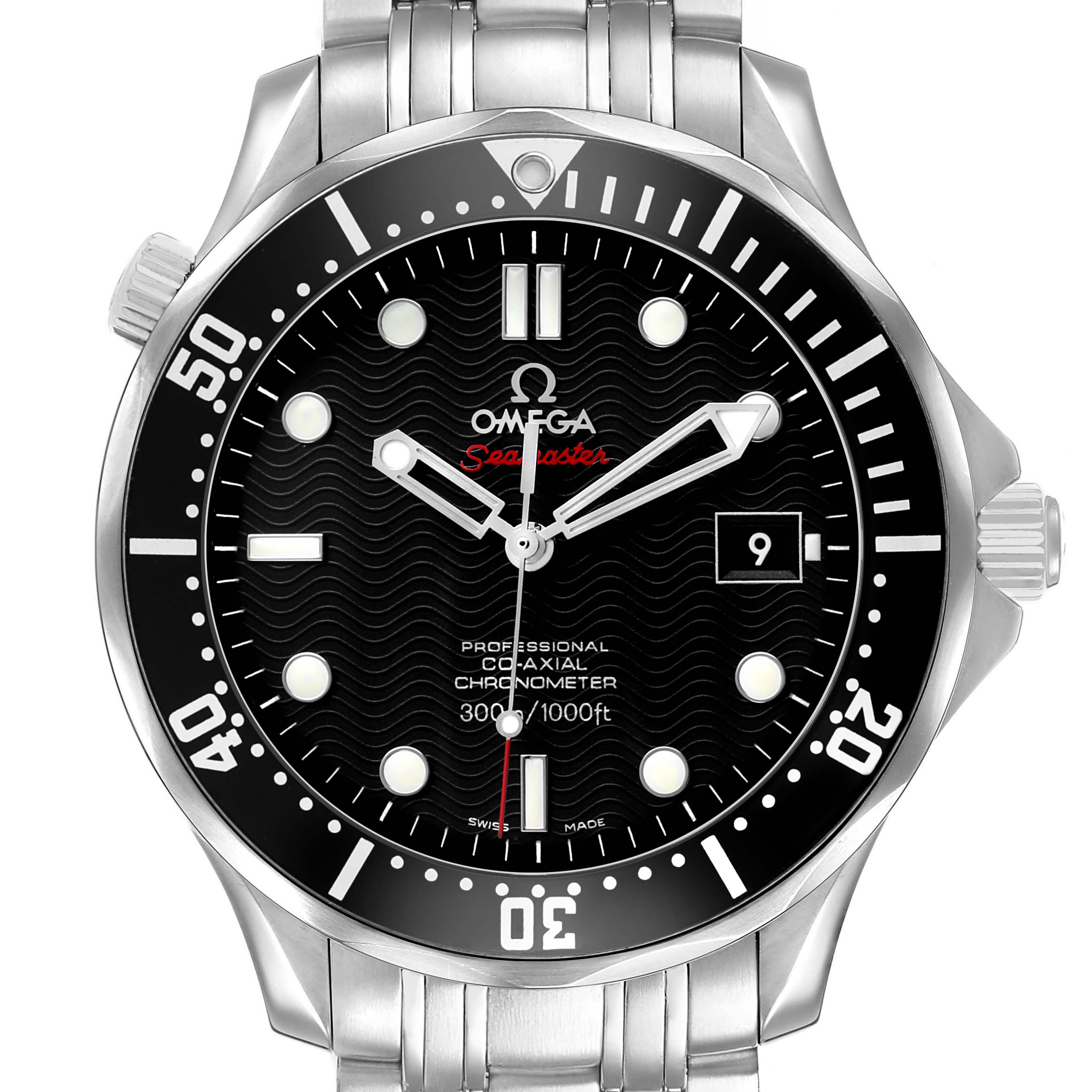 The Omega Seamaster 212.30.41.20.01.002 Men's Stainless Steel Black Dial watch is shown from the front, displaying its dial, bezel, and part of the bracelet.