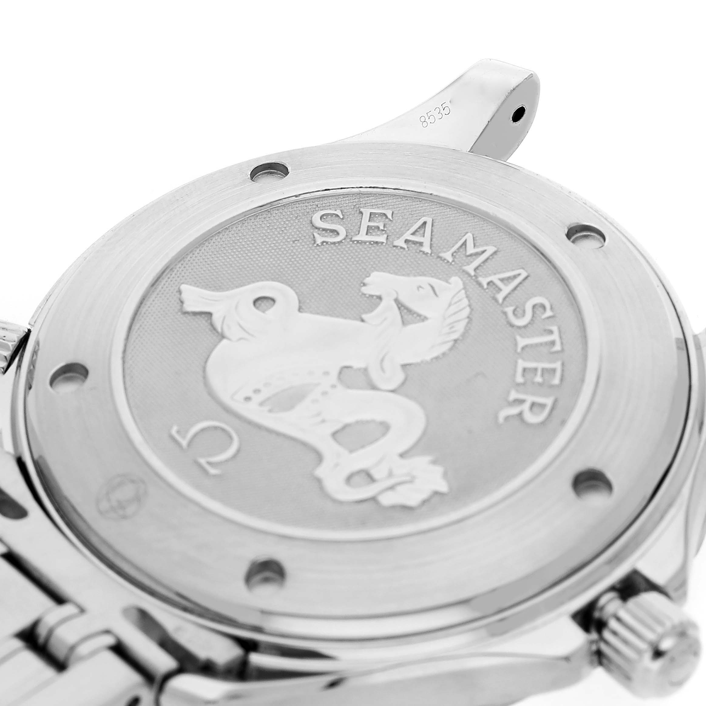 The image shows the back case of an Omega Seamaster 212.30.41.20.01.002 Men's Stainless Steel Black Dial watch, highlighting the emblem and engravings.