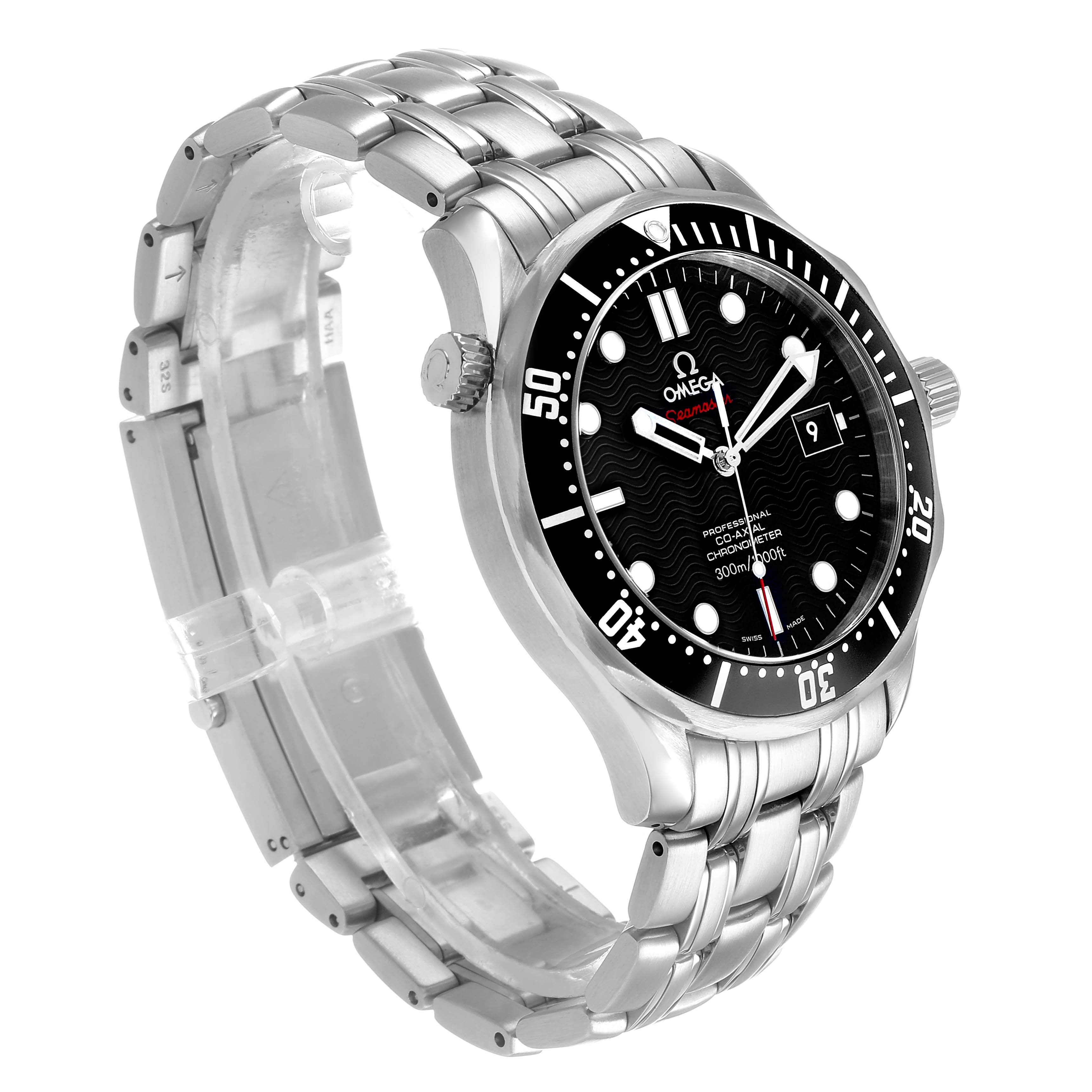 The Omega Seamaster 212.30.41.20.01.002 Men's Stainless Steel Black Dial watch is shown at a front-side angle, highlighting the black dial, bezel, and stainless steel bracelet.