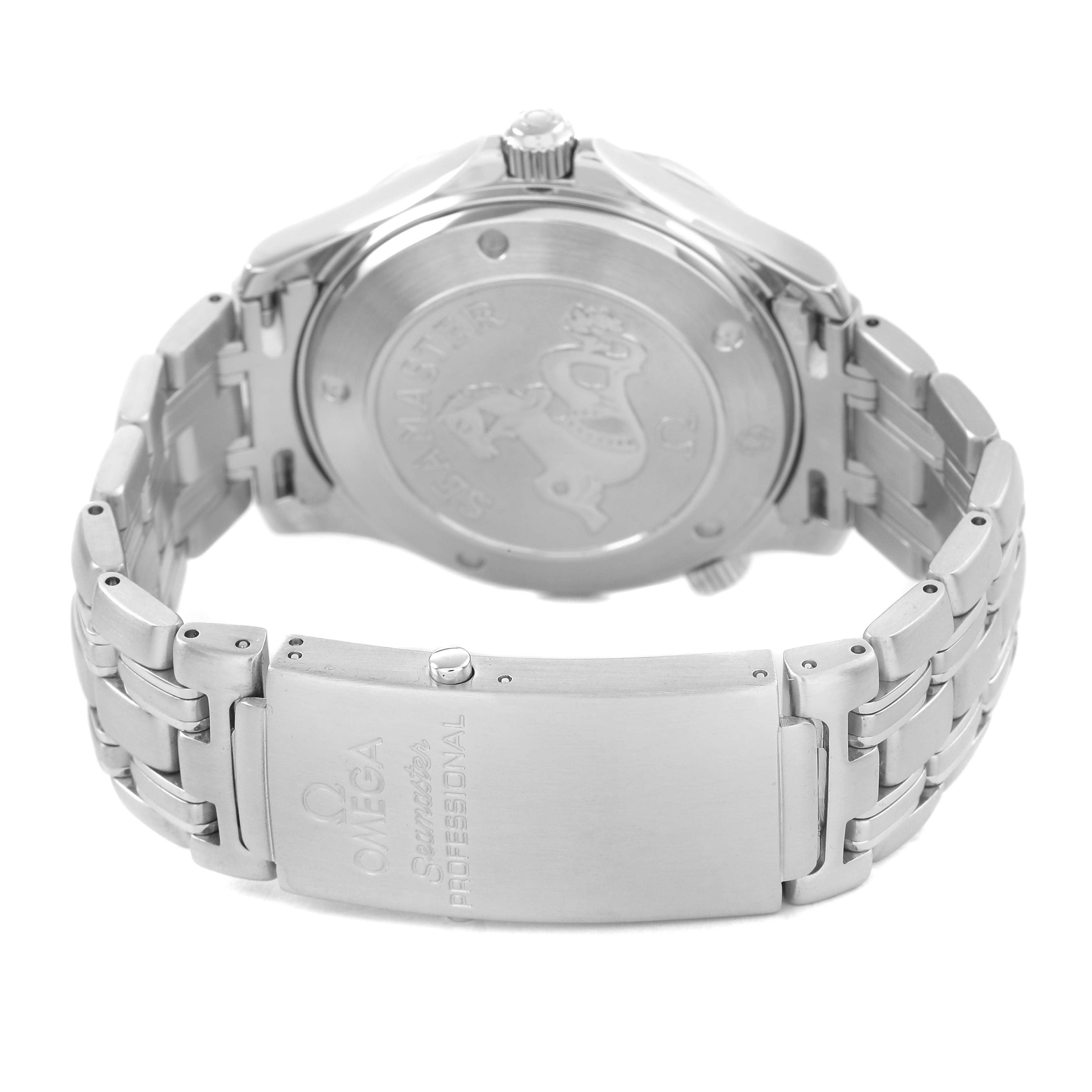 The image shows the back and clasp of the Omega Seamaster 212.30.41.20.01.002 Men's Stainless Steel Black Dial watch, highlighting its bracelet and engraved case back.