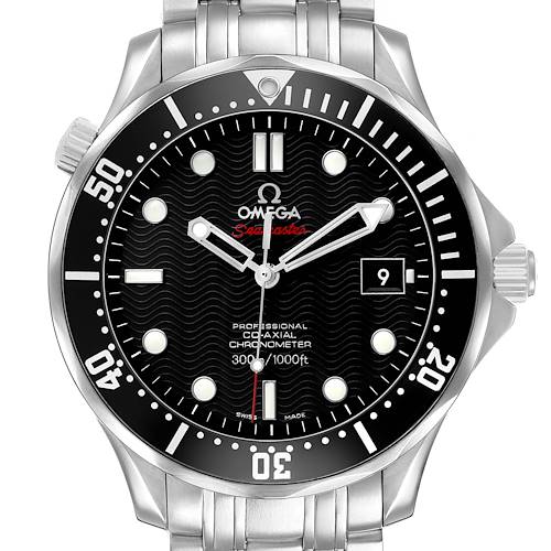 The Omega Seamaster 212.30.41.20.01.002 Men's Stainless Steel Black Dial watch is shown from a front angle, displaying its dial, bezel, bracelet, and crown.