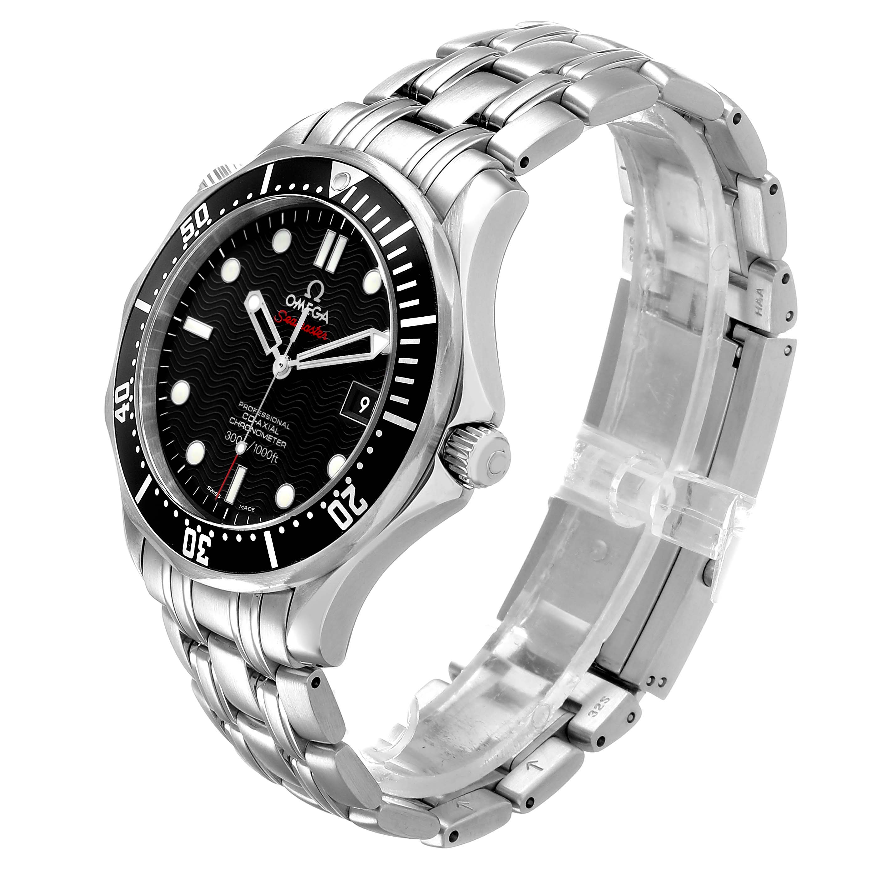 The Omega Seamaster 212.30.41.20.01.002 Men's Stainless Steel Black Dial watch is shown at a three-quarter angle, highlighting the dial, bezel, bracelet, and crown.