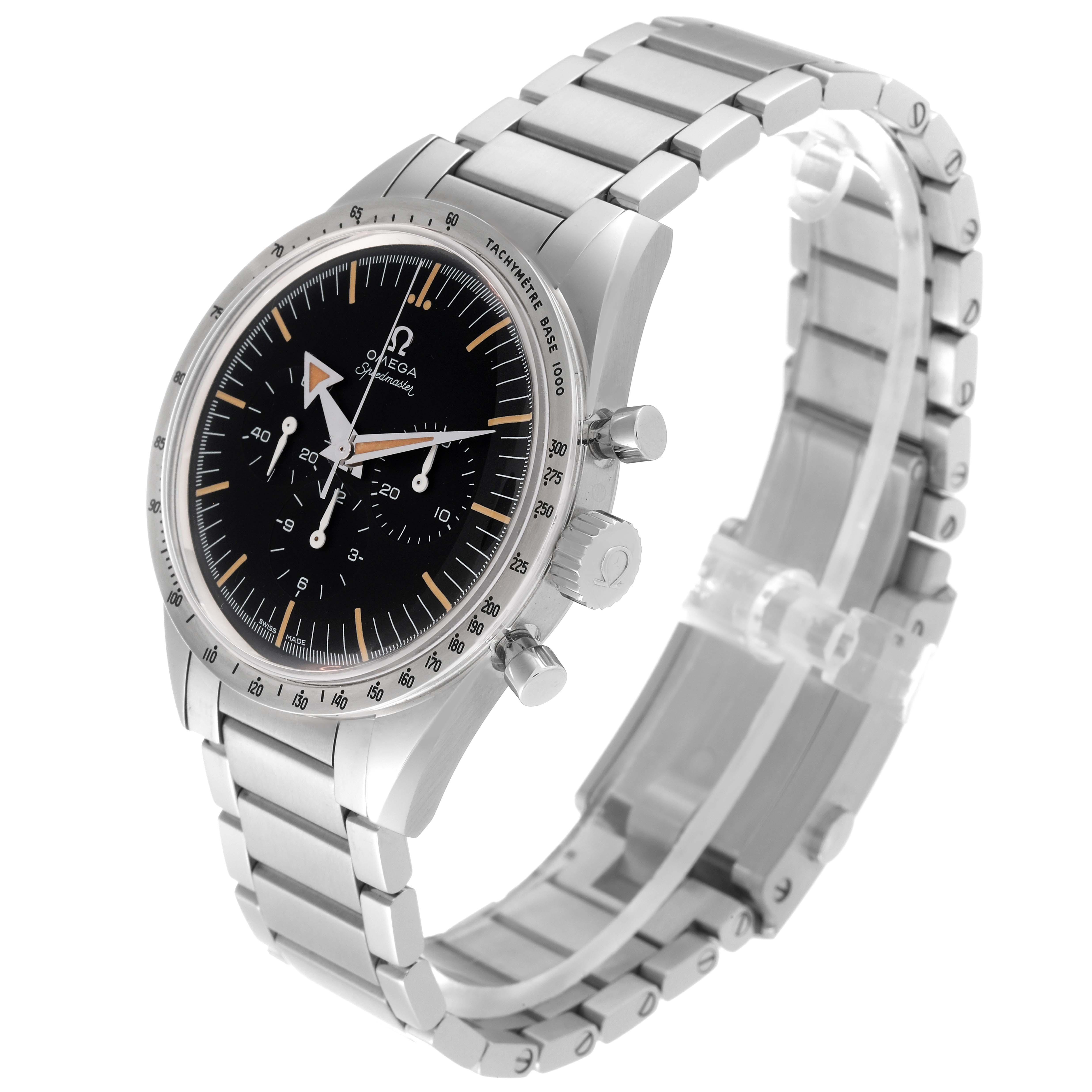 The image shows an Omega Speedmaster 311.10.39.30.01.001 Men's Stainless Steel Black Dial 311.10.39.30.01.001 Men's Stainless Steel Black Dial watch at an angled top view, highlighting the face, bracelet, and side pushers.