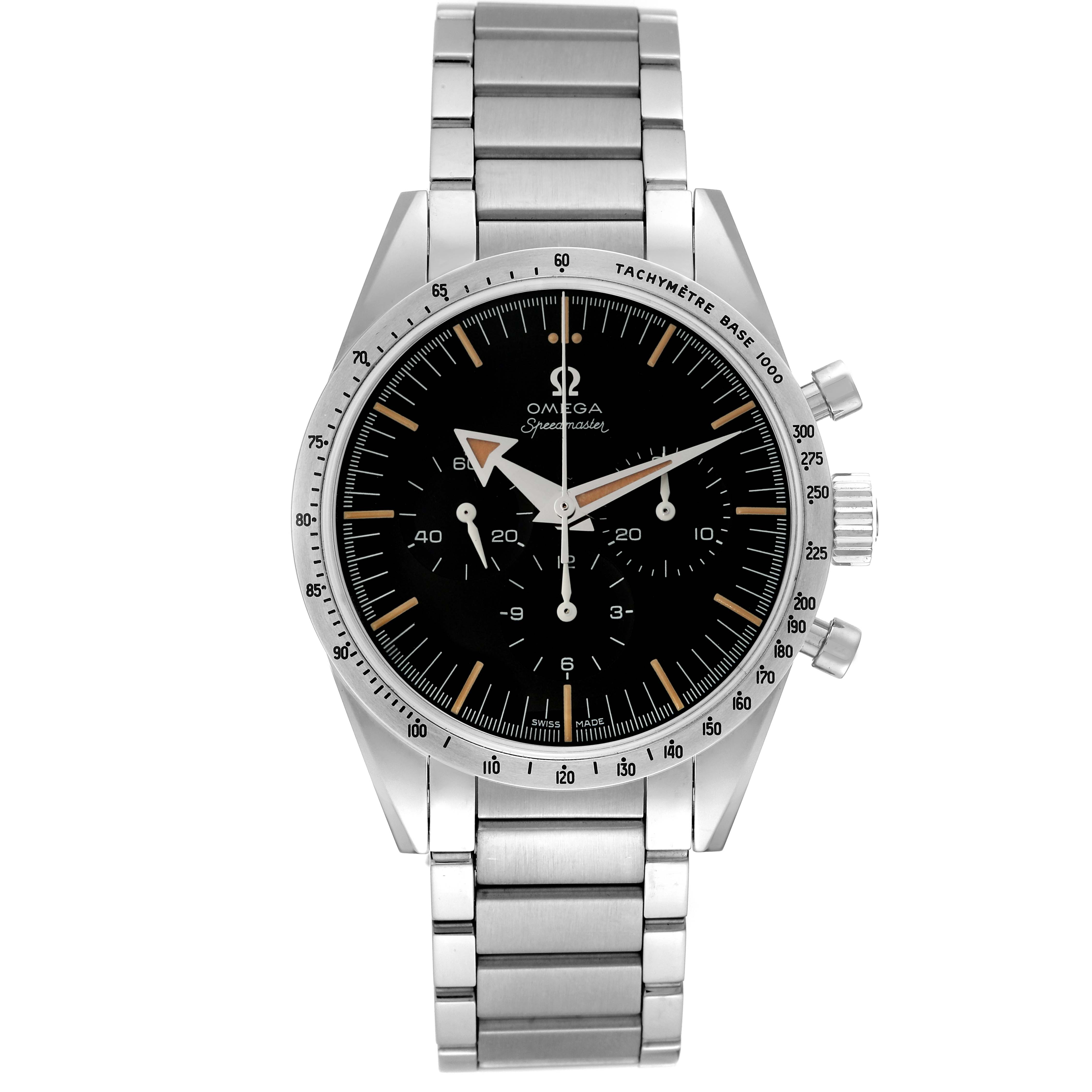 The image shows a front view of an Omega Speedmaster 311.10.39.30.01.001 Men's Stainless Steel Black Dial 311.10.39.30.01.001 Men's Stainless Steel Black Dial watch, highlighting its dial, bezel, and bracelet.