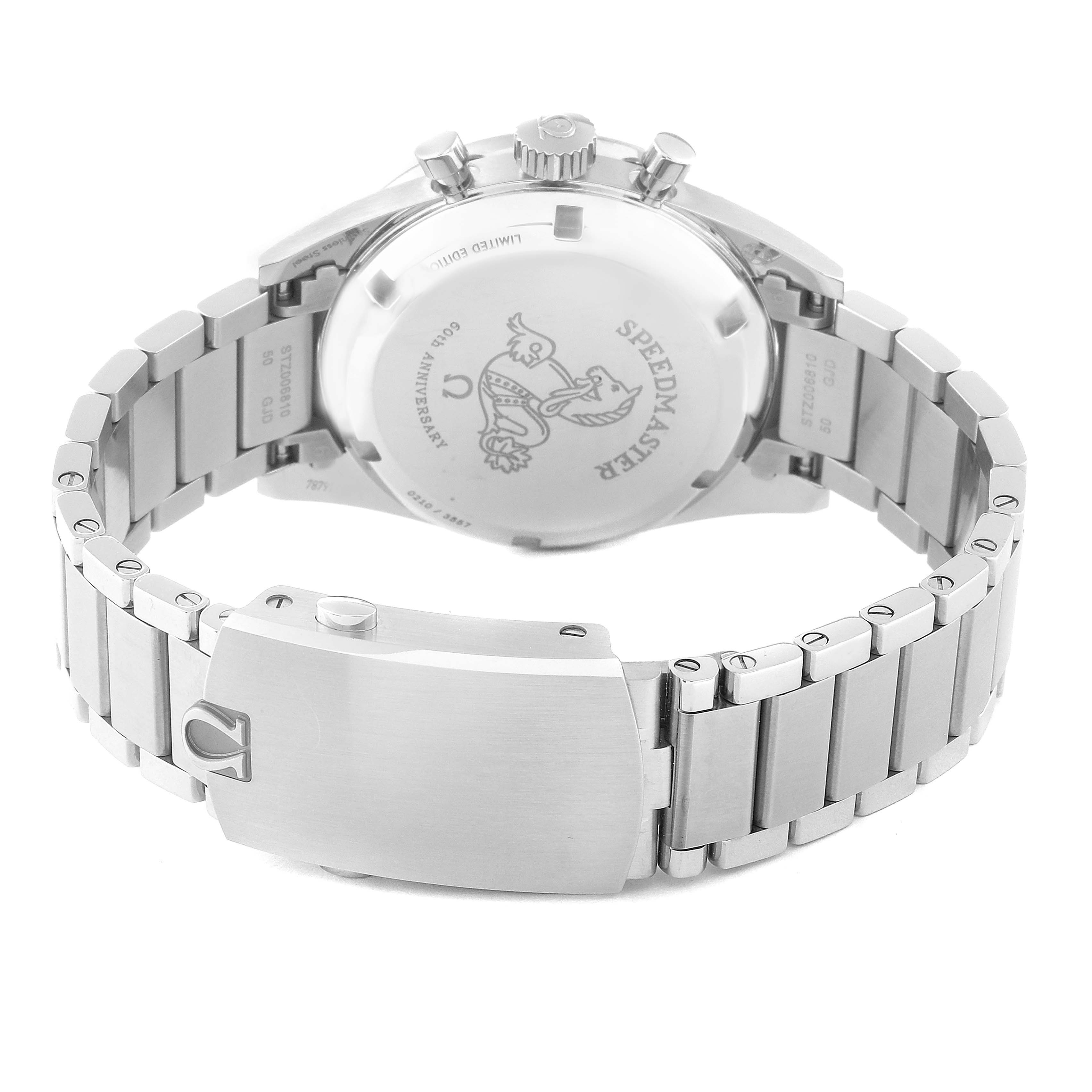 The image shows the back and bracelet of an Omega Speedmaster 311.10.39.30.01.001 Men's Stainless Steel Black Dial 311.10.39.30.01.001 Men's Stainless Steel Black Dial watch, focusing on the clasp and case back.