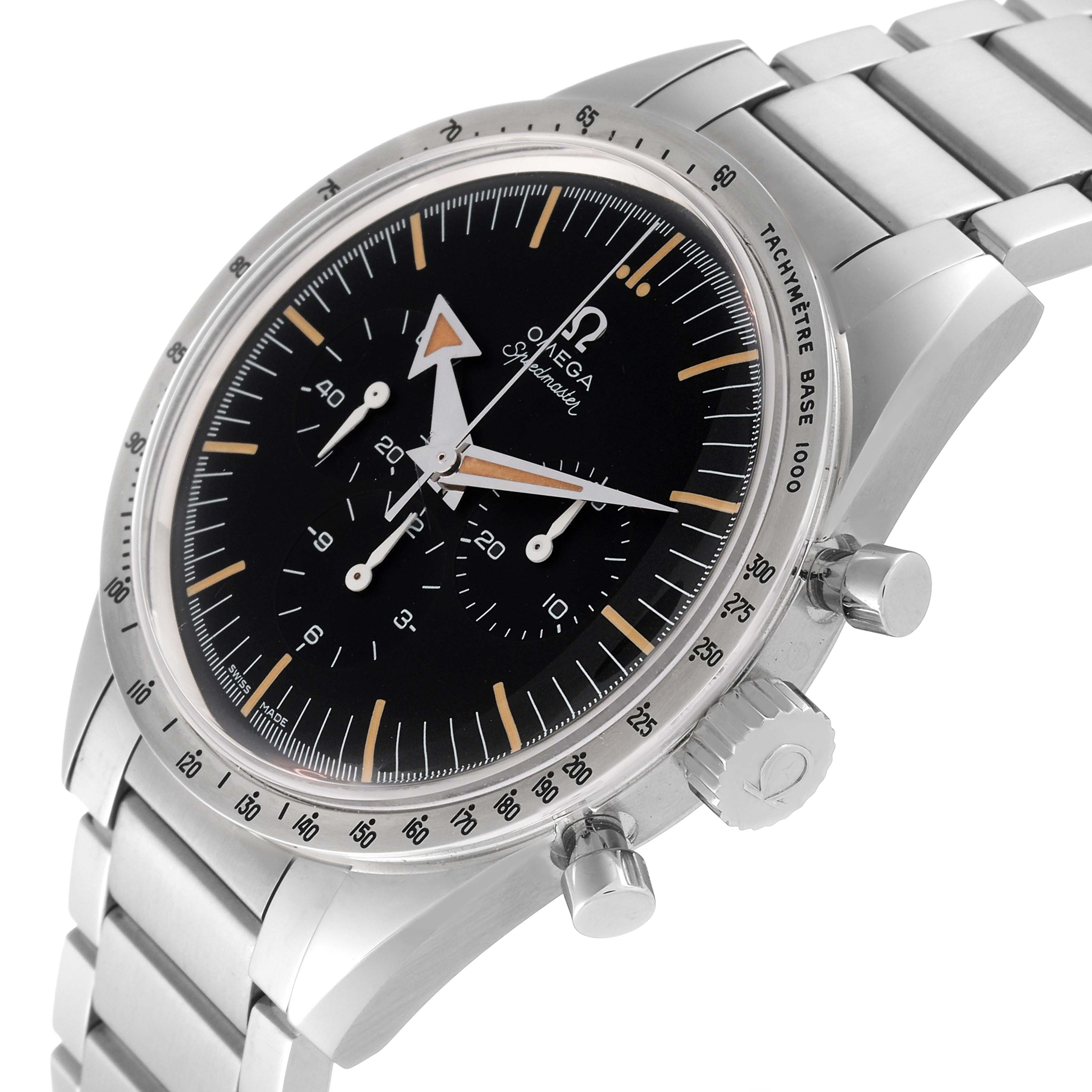 The image shows an angled view of the Omega Speedmaster 311.10.39.30.01.001 Men's Stainless Steel Black Dial 311.10.39.30.01.001 Men's Stainless Steel Black Dial watch, focusing on its face, bezel, crown, and part of the bracelet.
