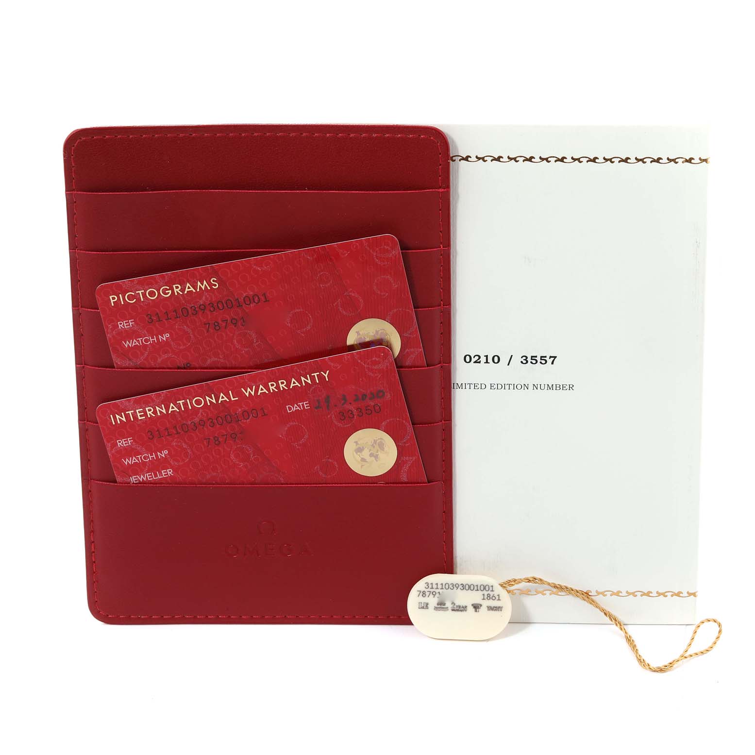 The image shows warranty cards, a limited edition number card, and a hang tag for the Omega Speedmaster 311.10.39.30.01.001 Men's Stainless Steel Black Dial 311.10.39.30.01.001 Men's Stainless Steel Black Dial watch.