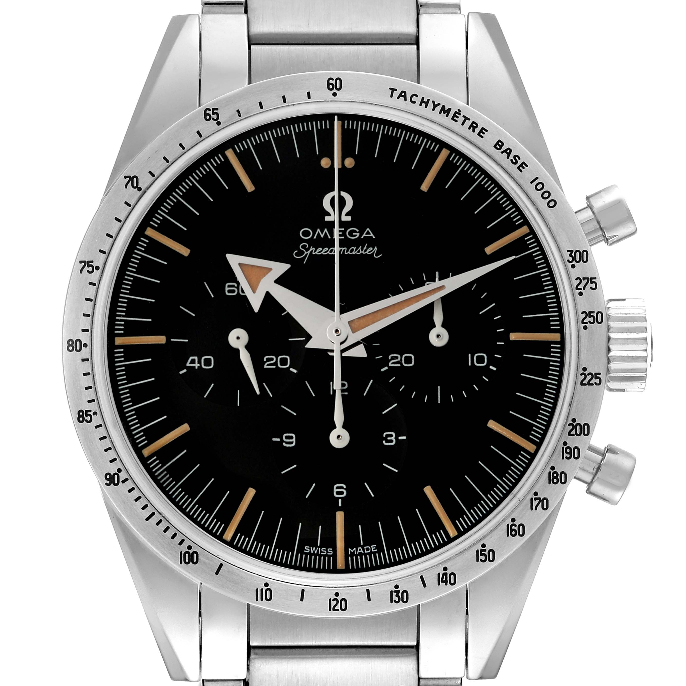 The image shows a frontal view of the Omega Speedmaster 311.10.39.30.01.001 Men's Stainless Steel Black Dial 311.10.39.30.01.001 Men's Stainless Steel Black Dial watch, highlighting the dial, hands, and tachymeter bezel.