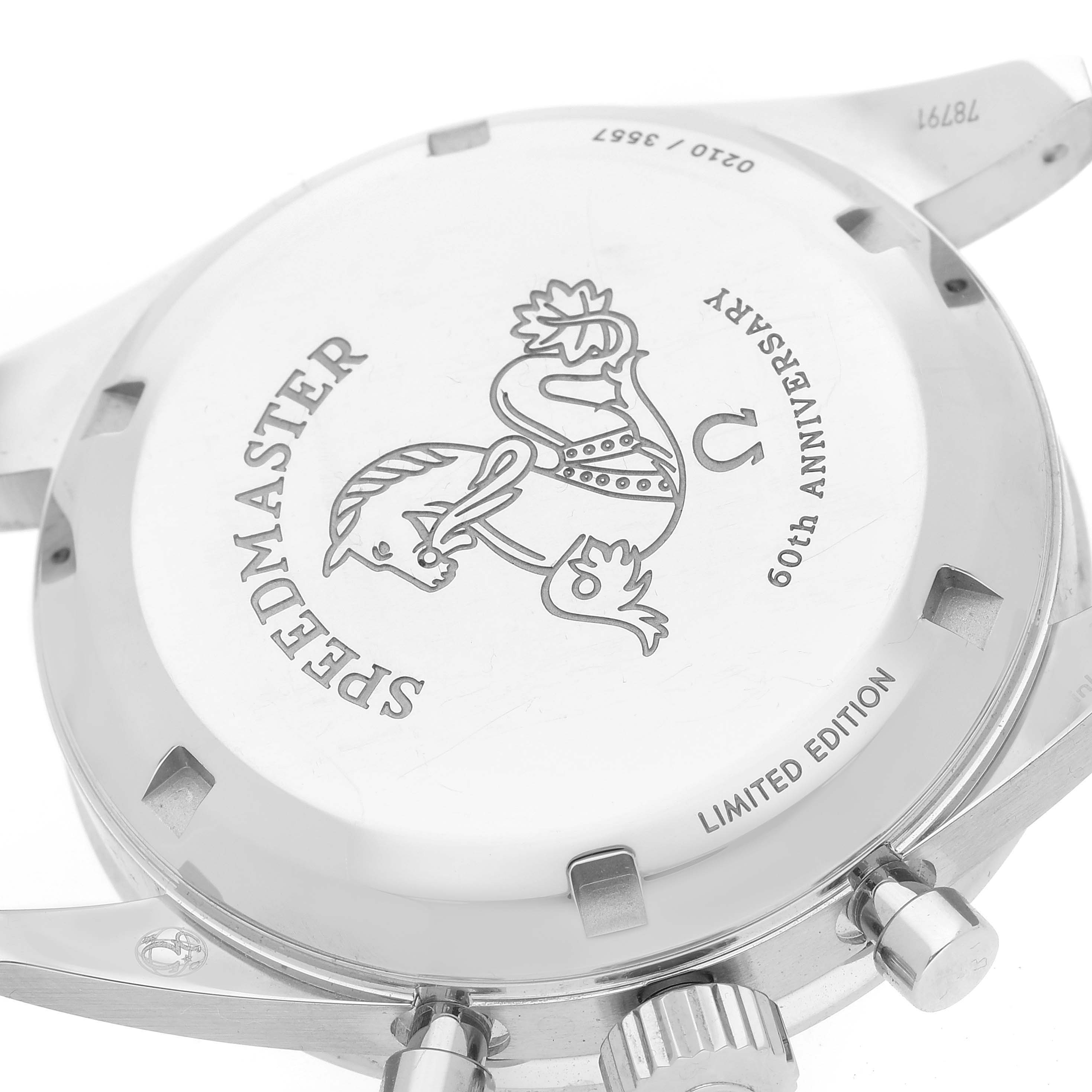 This image shows the case back and part of the side of the Omega Speedmaster 311.10.39.30.01.001 Men's Stainless Steel Black Dial 311.10.39.30.01.001 Men's Stainless Steel Black Dial watch, highlighting its "60th Anniversary" and "Limited Edition" engravings.