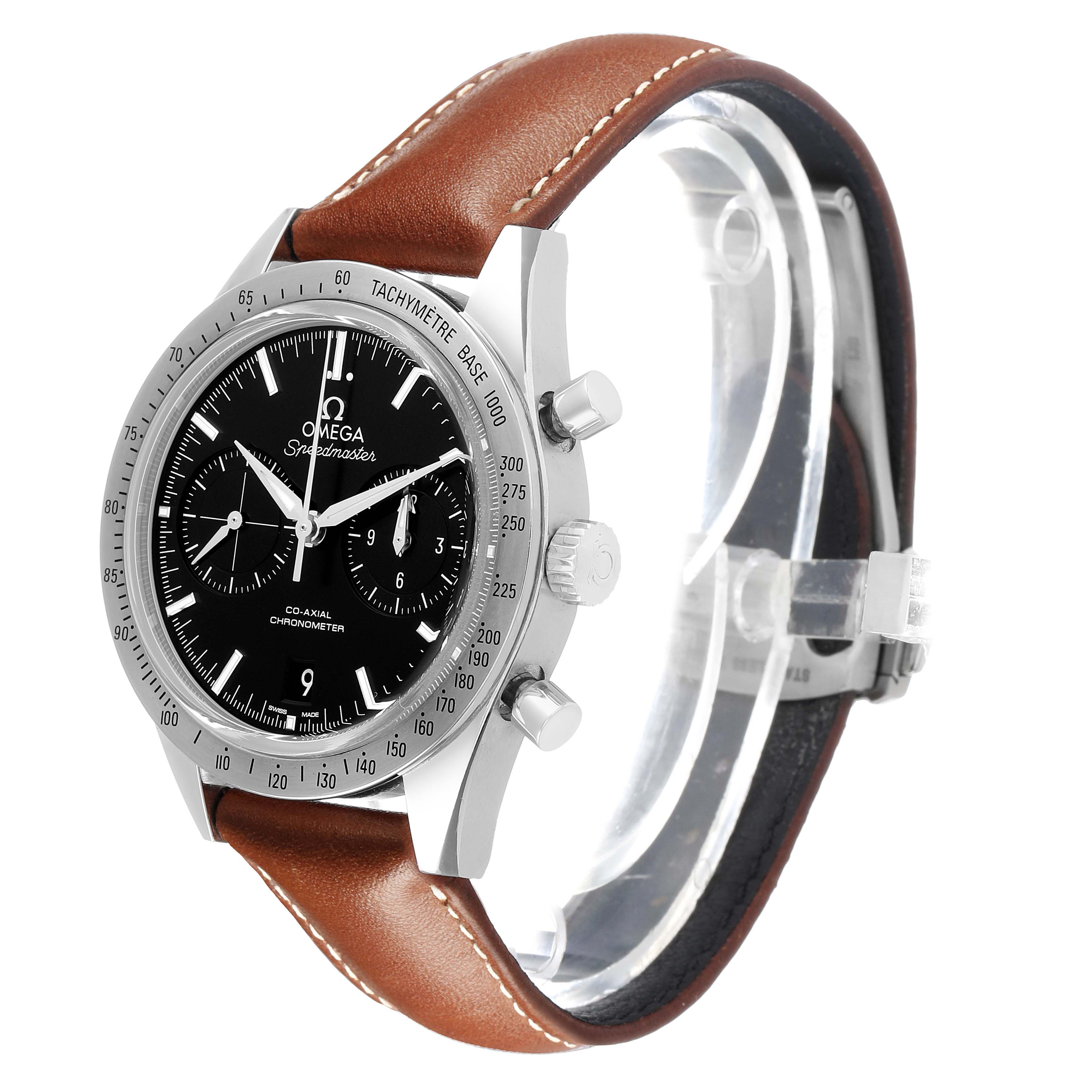 The Omega Speedmaster 331.12.42.51.01.001 Men's Stainless Steel Black Dial watch is shown at a slight angle, highlighting the dial, bezel, and brown leather strap.