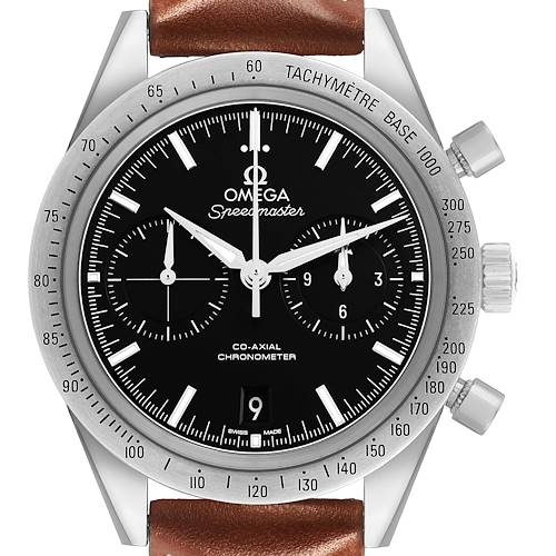 The Omega Speedmaster 331.12.42.51.01.001 Men's Stainless Steel Black Dial watch is shown from a front angle, displaying its dial, tachymeter bezel, subdials, crown, and pushers.