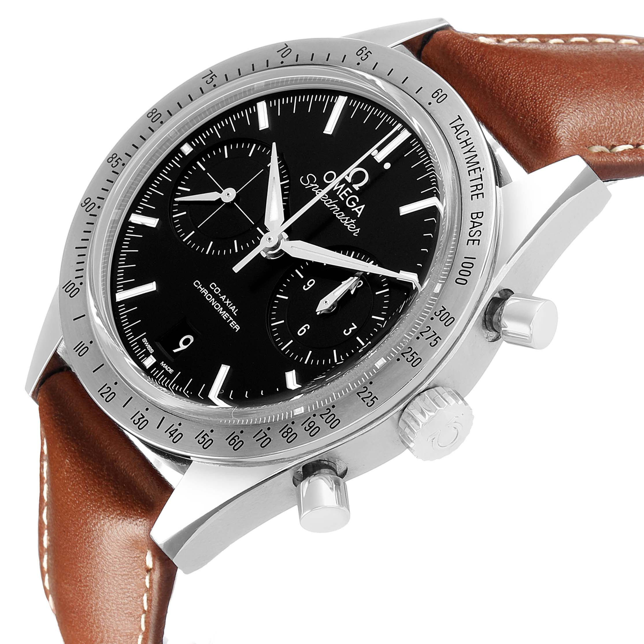 The Omega Speedmaster 331.12.42.51.01.001 Men's Stainless Steel Black Dial is shown at an angled side view, highlighting the case, bezel, crown, pushers, and brown leather strap.