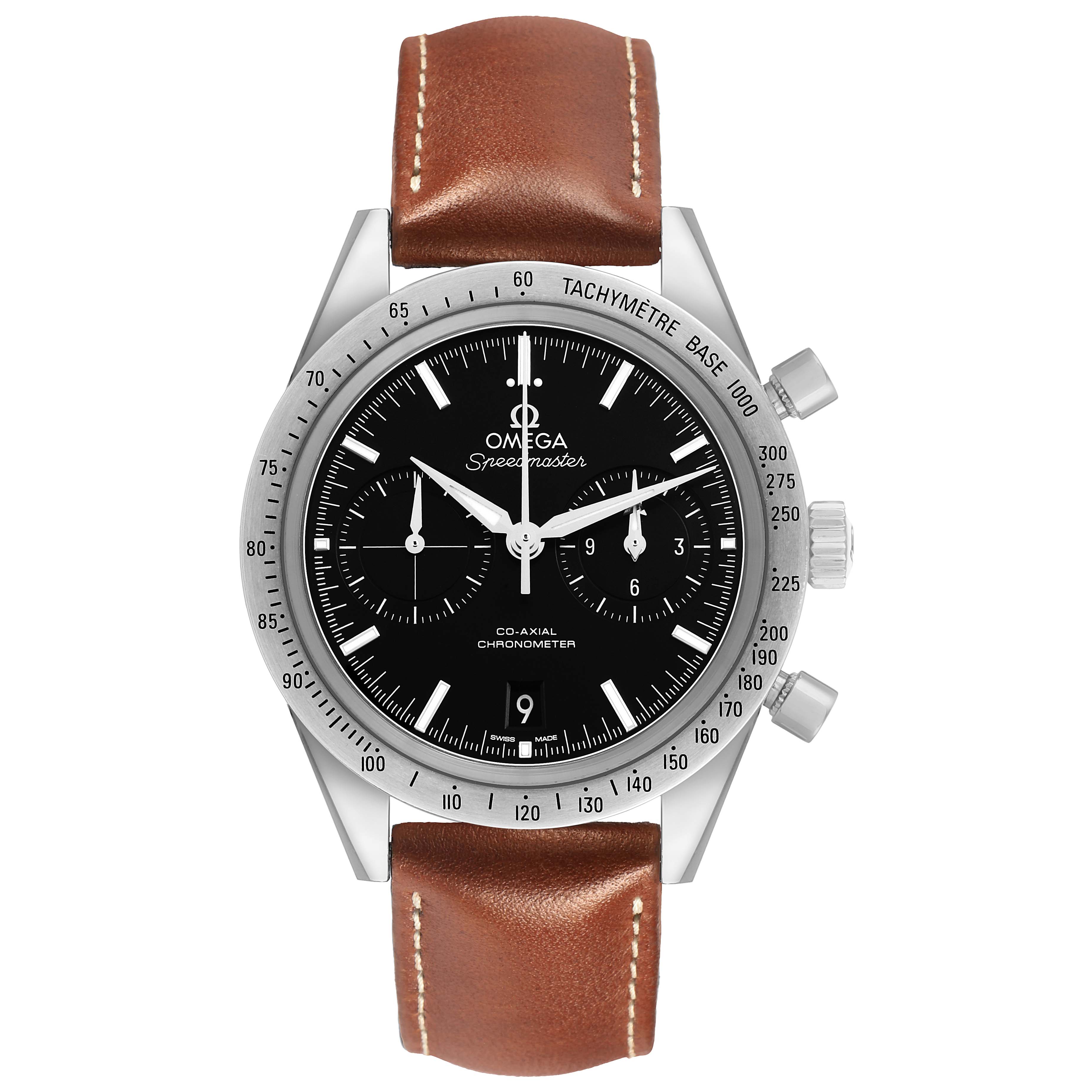 The Omega Speedmaster 331.12.42.51.01.001 Men's Stainless Steel Black Dial watch is shown from the front, displaying its dial, tachymeter bezel, chronograph subdials, and a brown leather strap.