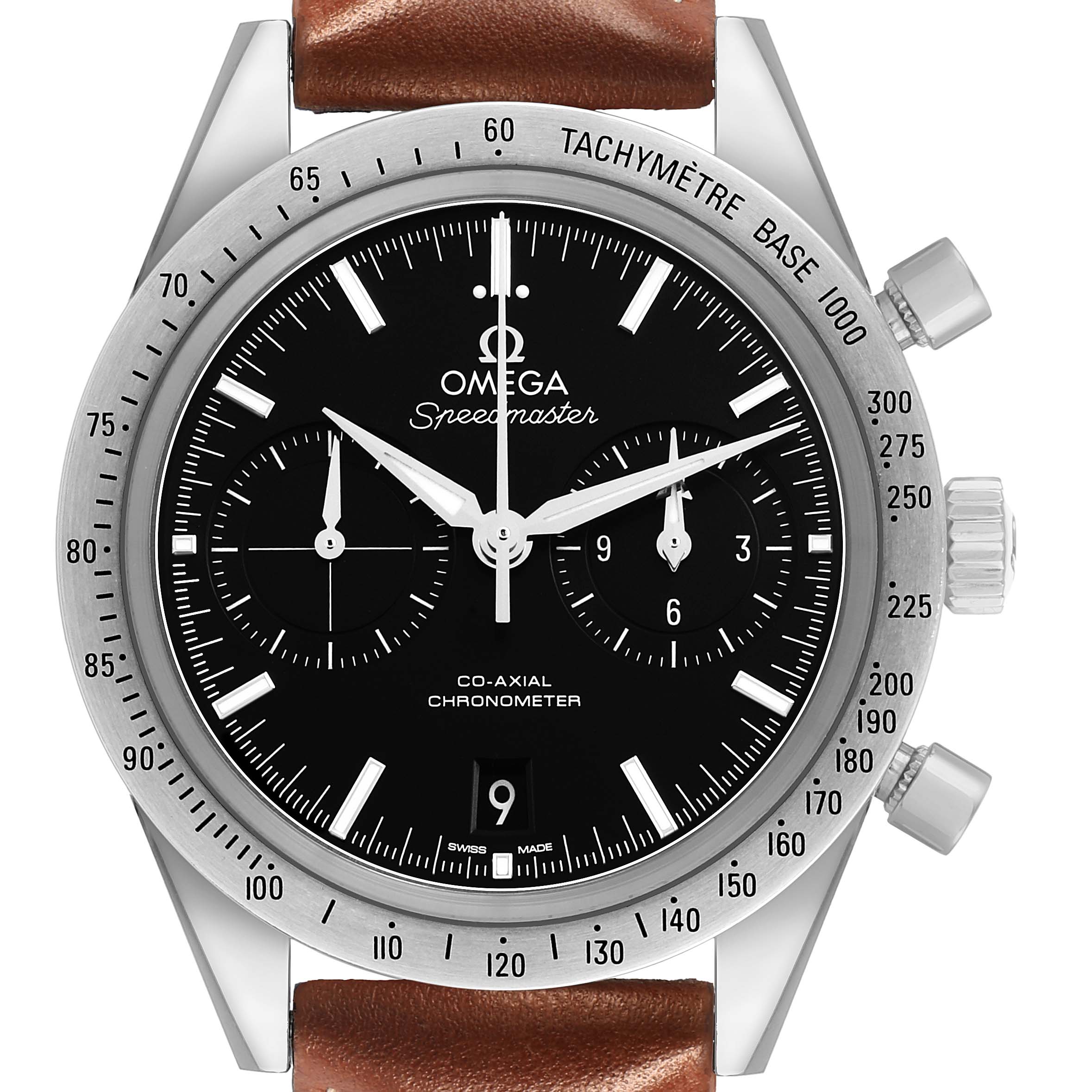 The Omega Speedmaster 331.12.42.51.01.001 Men's Stainless Steel Black Dial watch is shown from the front, displaying the dial, bezel, and chronograph subdials with a leather strap.