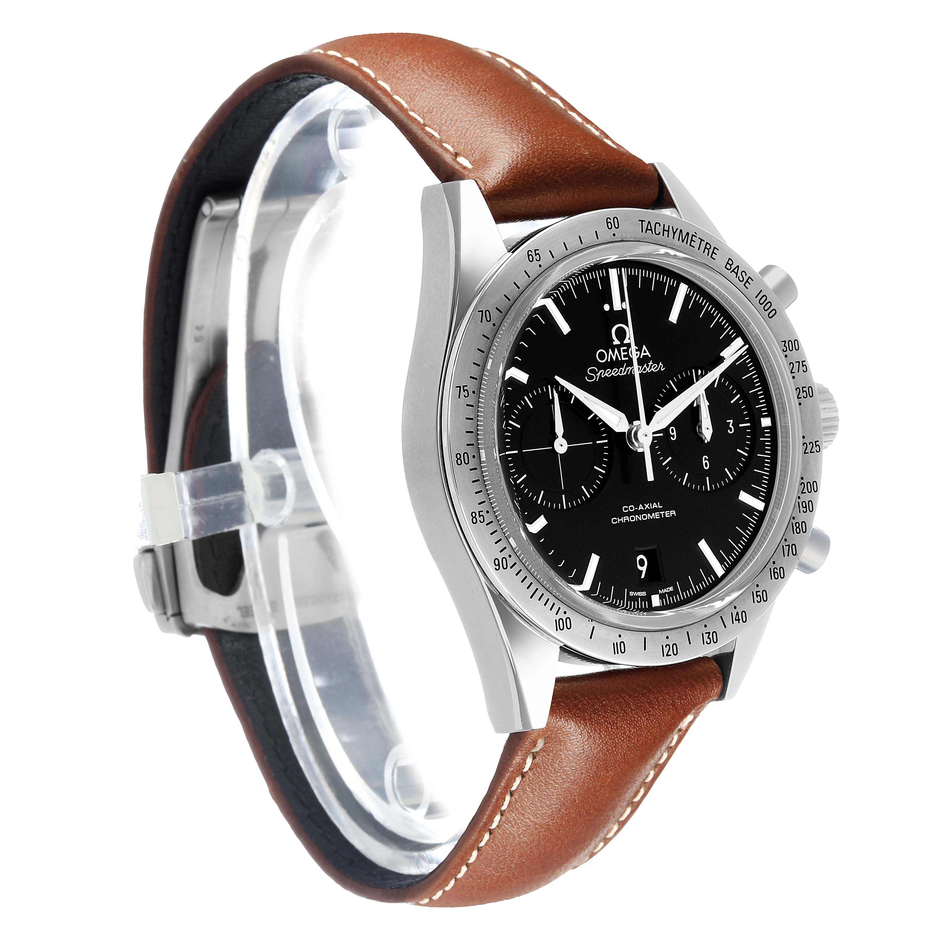 The Omega Speedmaster 331.12.42.51.01.001 Men's Stainless Steel Black Dial watch is shown at a three-quarter angle, highlighting the face, bezel, side buttons, and brown leather strap.