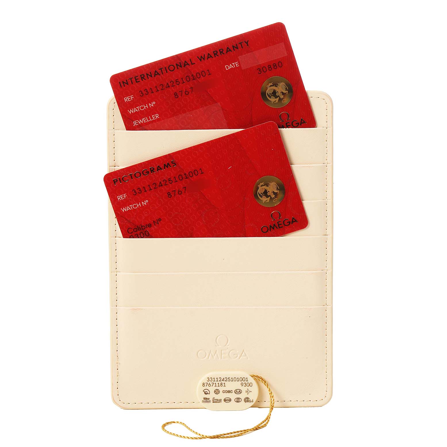 The image shows warranty and pictogram cards for the Omega Speedmaster 331.12.42.51.01.001 Men's Stainless Steel Black Dial, placed in a cream-colored cardholder.