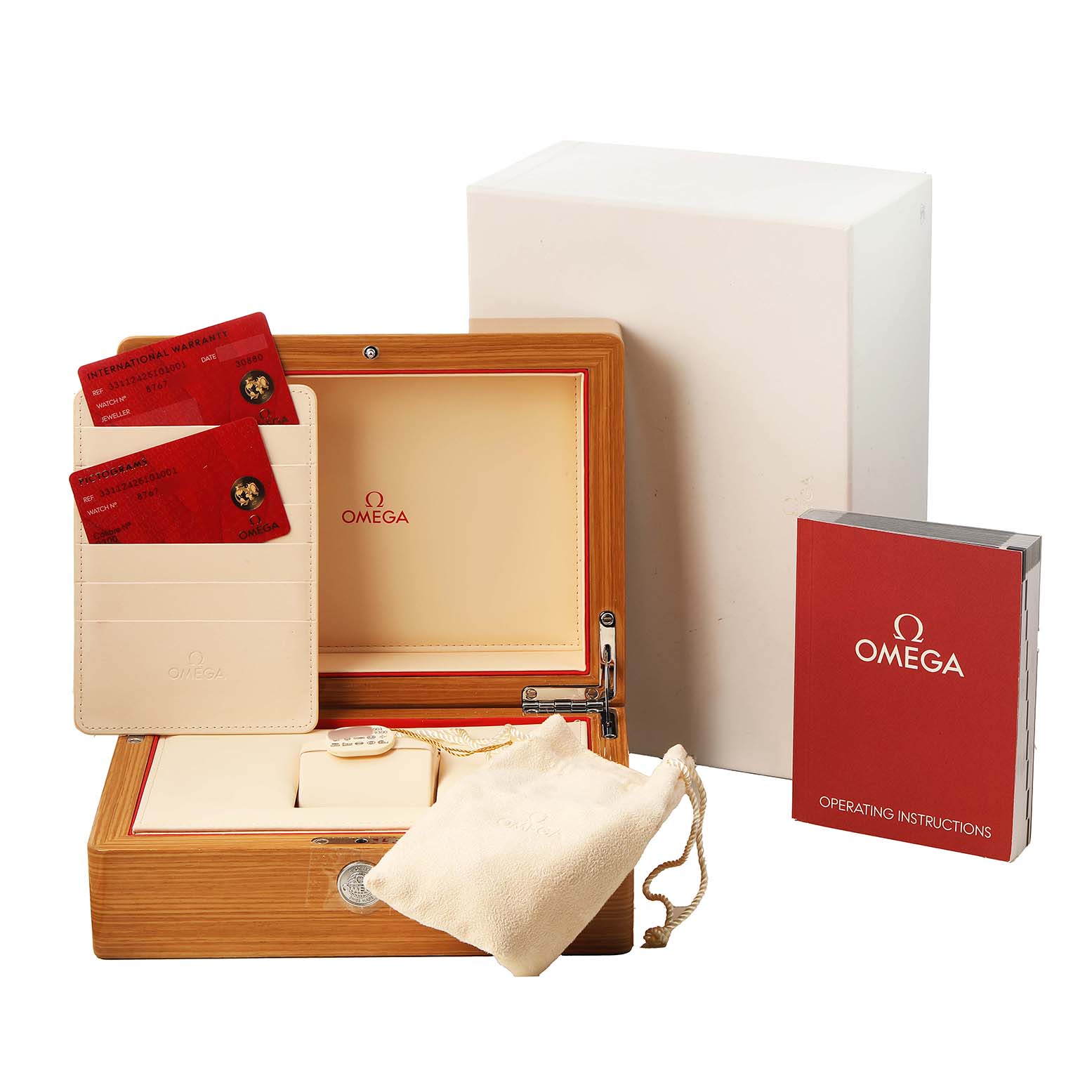 The image shows an Omega Speedmaster 331.12.42.51.01.001 Men's Stainless Steel Black Dial watch box from the front, with cards, a pouch, and an operating manual included.