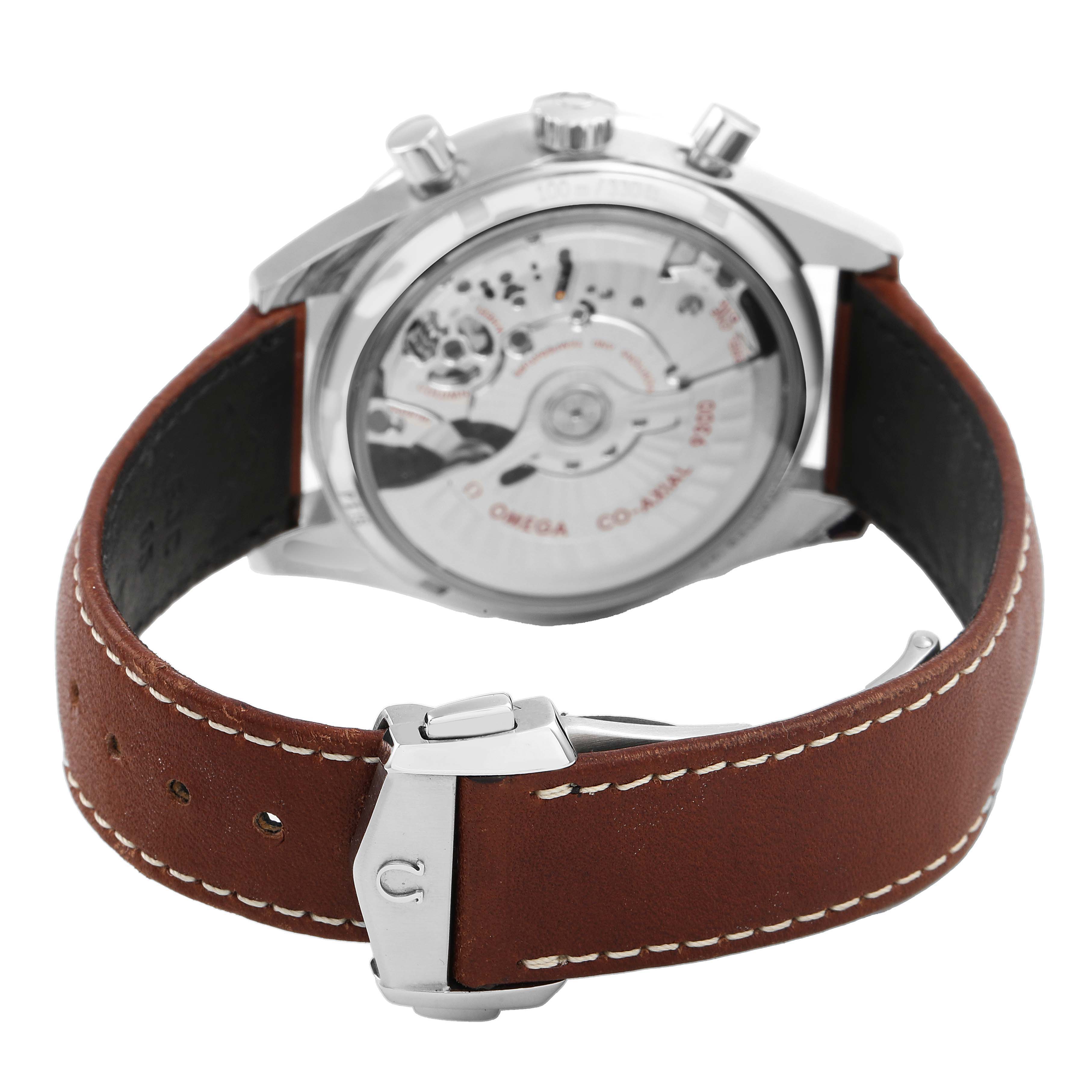 The image shows the back view of the Omega Speedmaster 331.12.42.51.01.001 Men's Stainless Steel Black Dial, highlighting its exposed movement and brown leather strap.