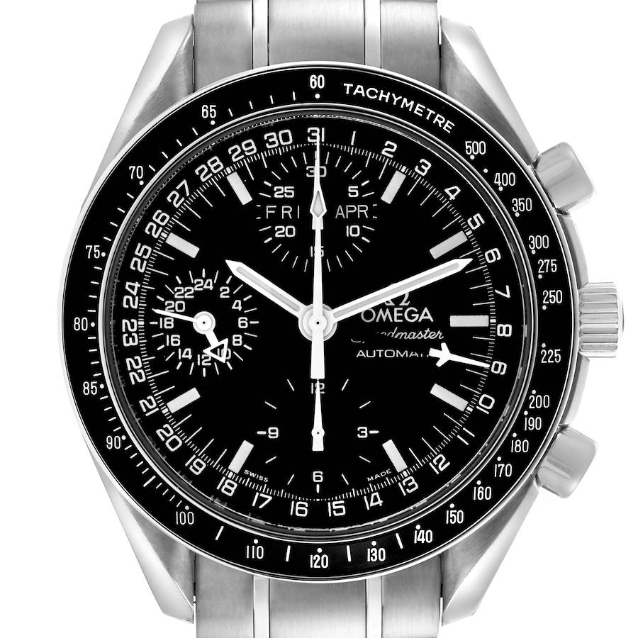 The image shows a front view of the Omega Speedmaster, highlighting the dial, tachymeter, and pushers.