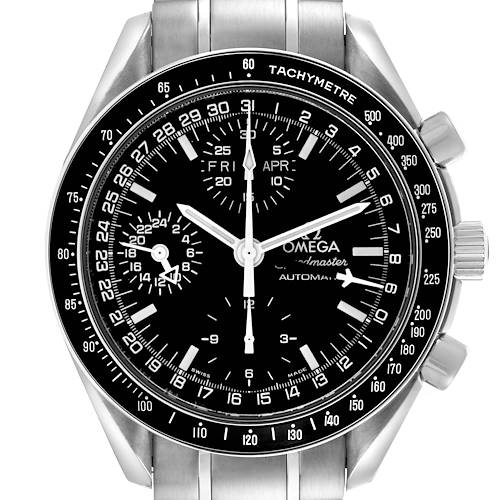 The Omega Speedmaster watch is shown from the front, displaying its dial, tachymeter bezel, and pushers.