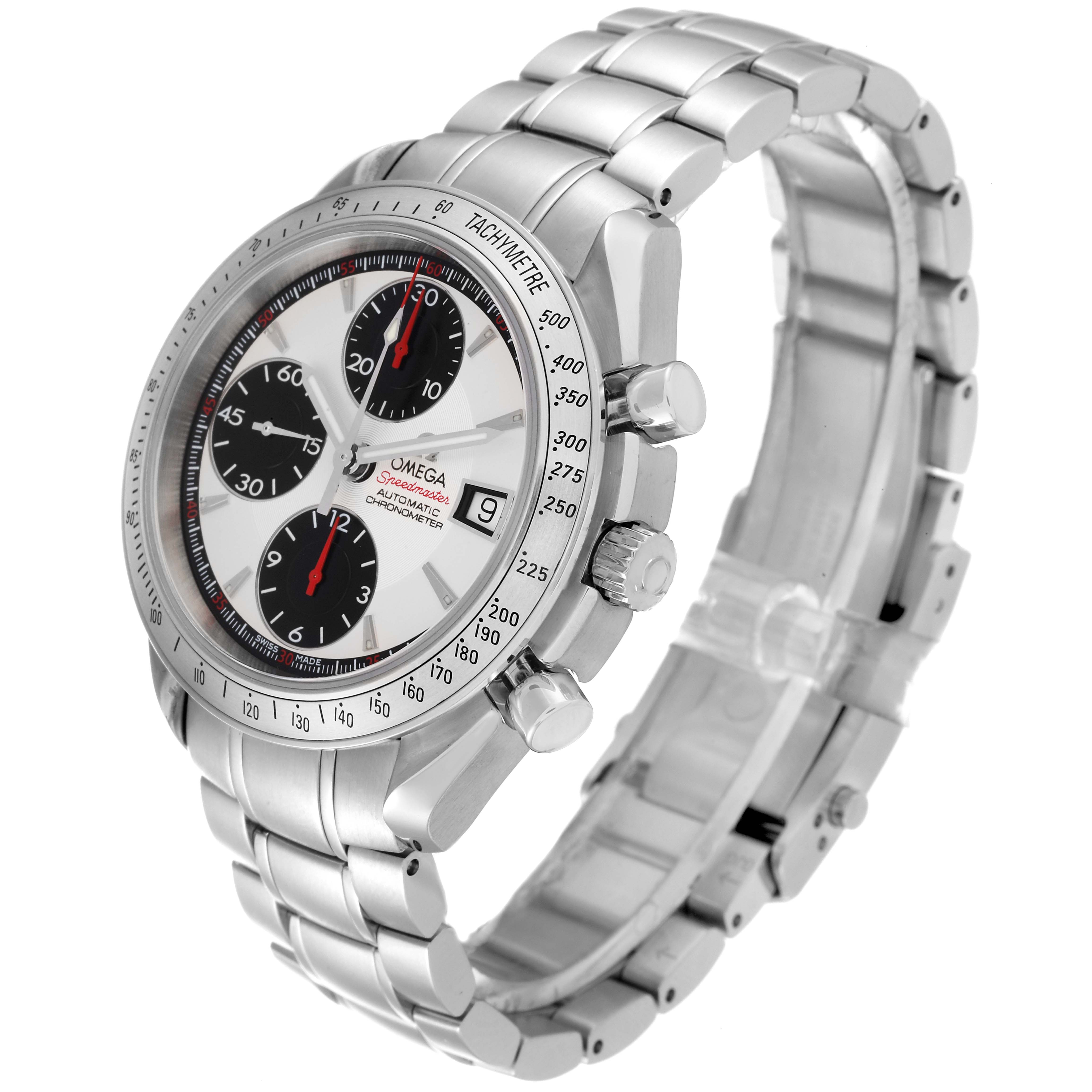 The image shows a side angle of an Omega Speedmaster 3211.31.00 Men's Stainless Steel Silver Dial 3211.31.00 Men's Stainless Steel Silver Dial watch, displaying the face, bezel, subdials, crown, and bracelet.