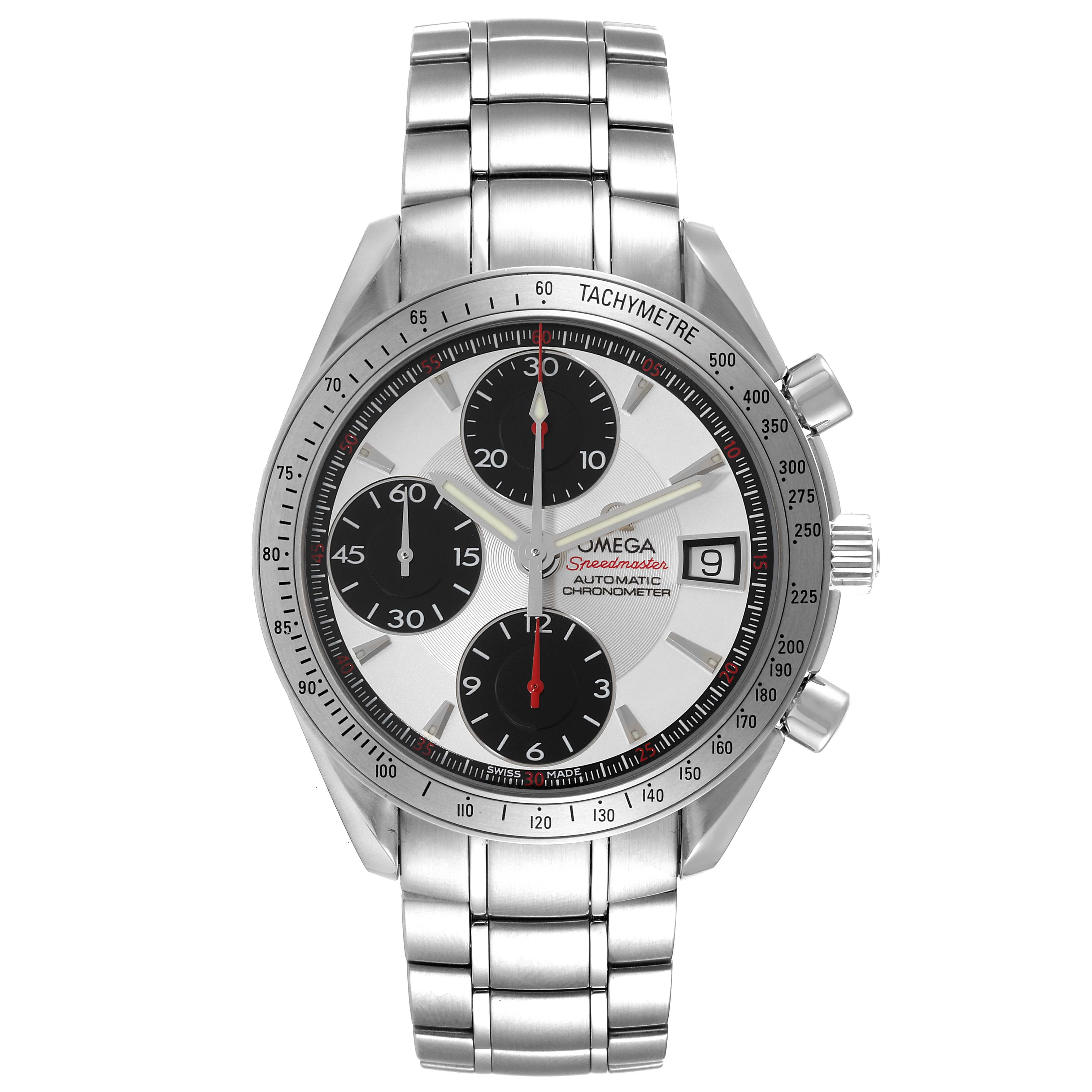 The image shows a frontal view of the Omega Speedmaster 3211.31.00 Men's Stainless Steel Silver Dial 3211.31.00 Men's Stainless Steel Silver Dial watch, displaying its dial, case, chronograph subdials, bracelet, and tachymeter.