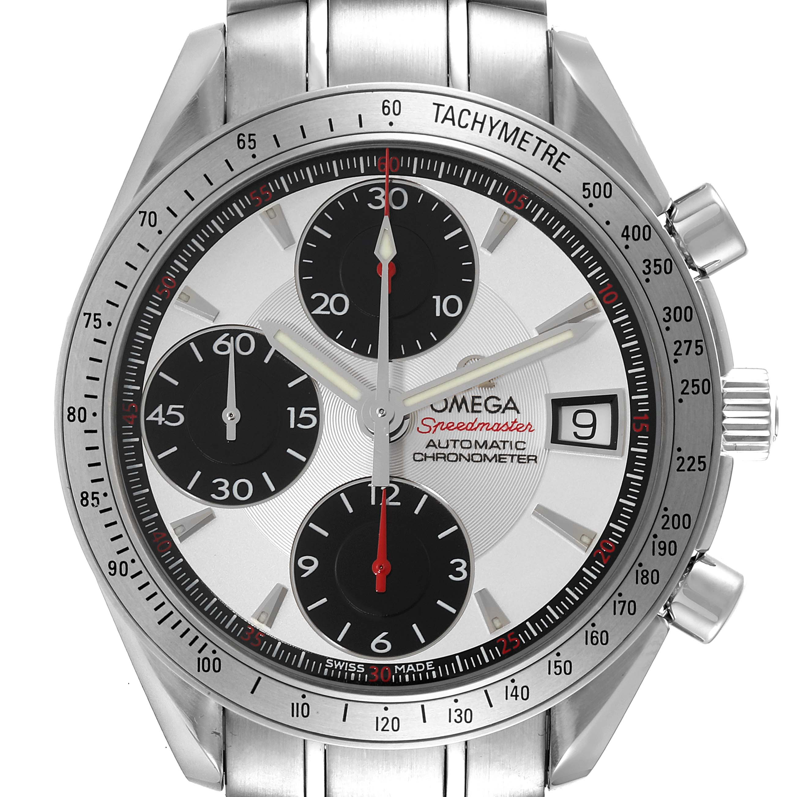 The image shows a front view of the Omega Speedmaster 3211.31.00 Men's Stainless Steel Silver Dial 3211.31.00 Men's Stainless Steel Silver Dial watch, highlighting its dial, tachymeter, chronograph subdials, and stainless steel case.