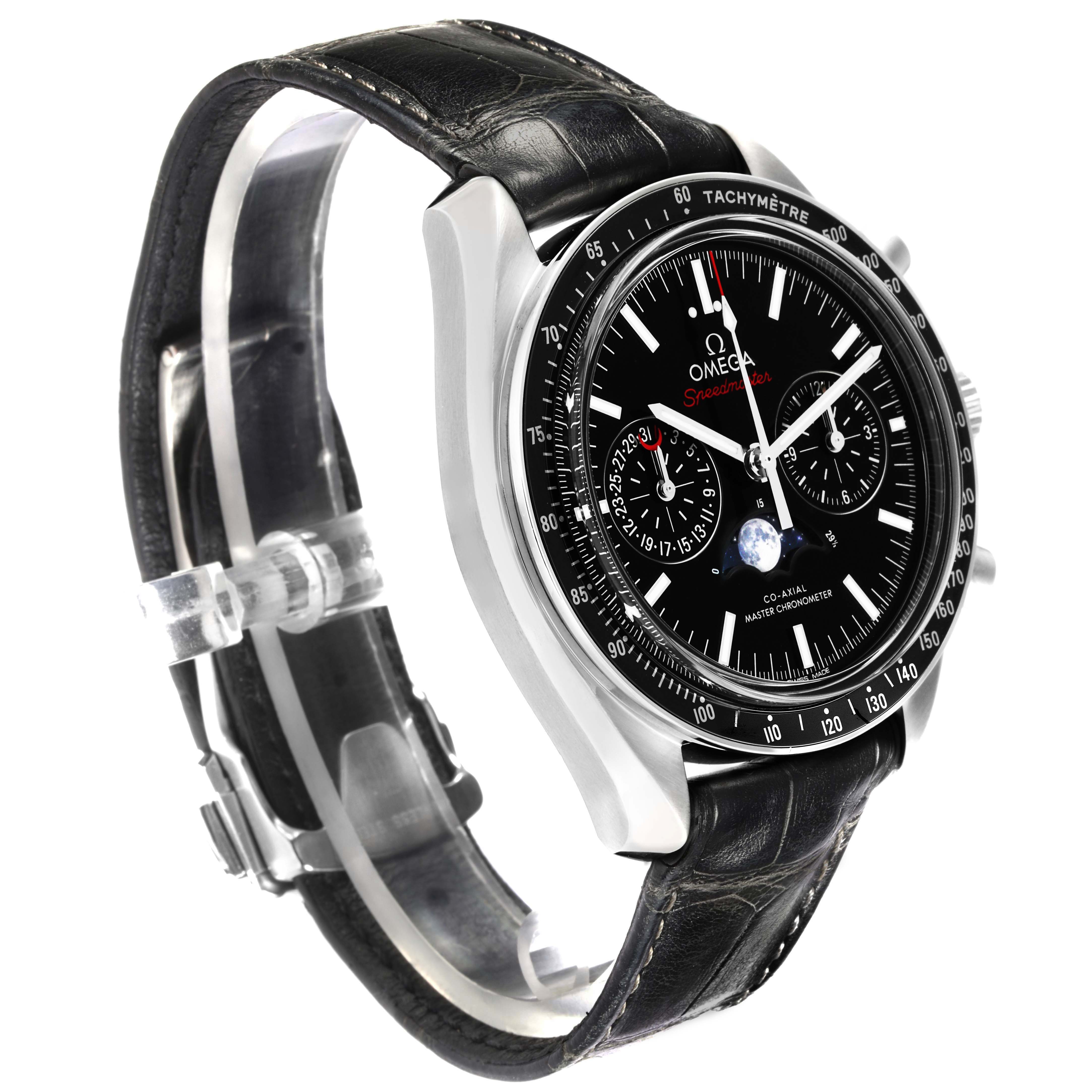 The Omega Speedmaster 304.33.44.52.01.001 Men's Stainless Steel Black Dial watch is shown at a side angle, displaying the dial, tachymeter bezel, and black leather strap.