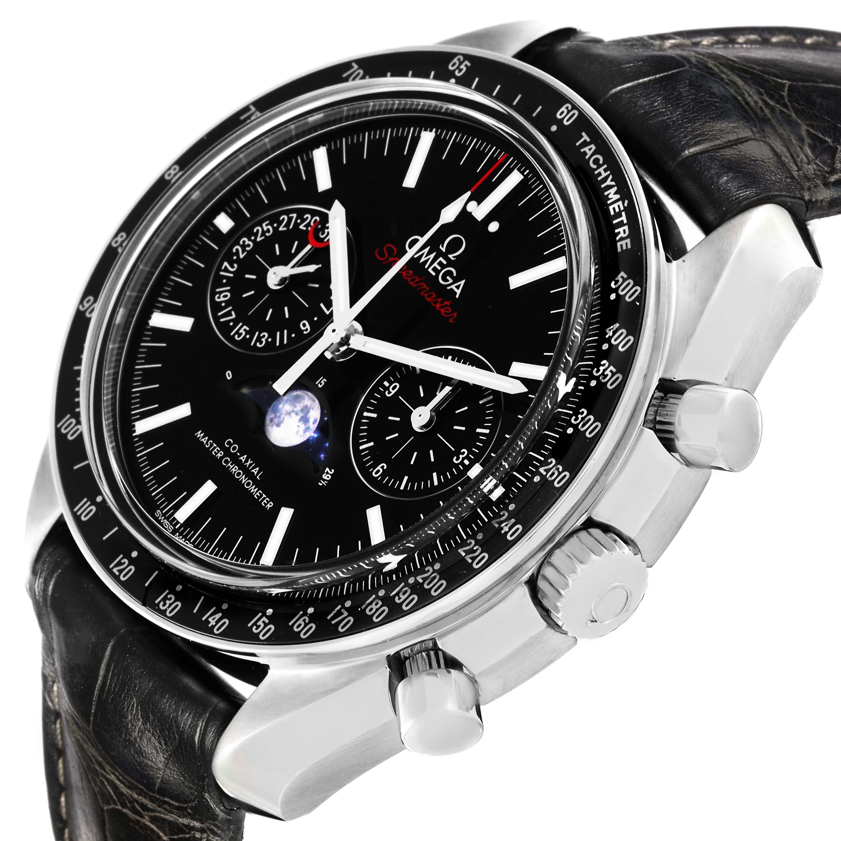 The Omega Speedmaster 304.33.44.52.01.001 Men's Stainless Steel Black Dial watch is shown at an angled view, highlighting the crown, pushers, and tachymeter bezel.