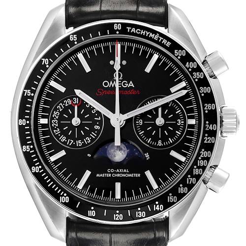 The Omega Speedmaster 304.33.44.52.01.001 Men's Stainless Steel Black Dial watch is shown from the front, highlighting the dial, subdials, and tachymeter bezel.