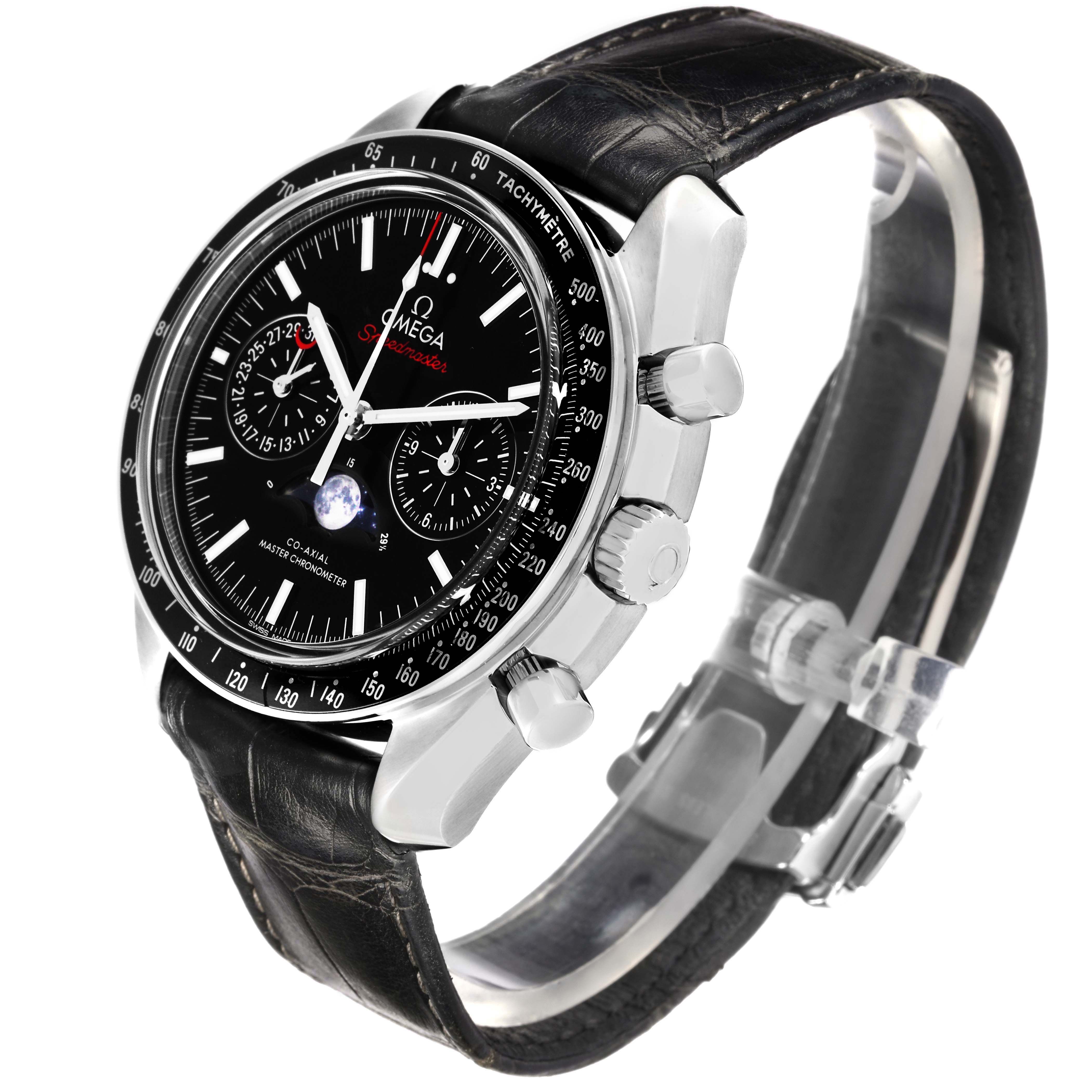 The Omega Speedmaster 304.33.44.52.01.001 Men's Stainless Steel Black Dial watch is shown from a front-side angle, displaying its dial, crown, chronograph pushers, and strap.