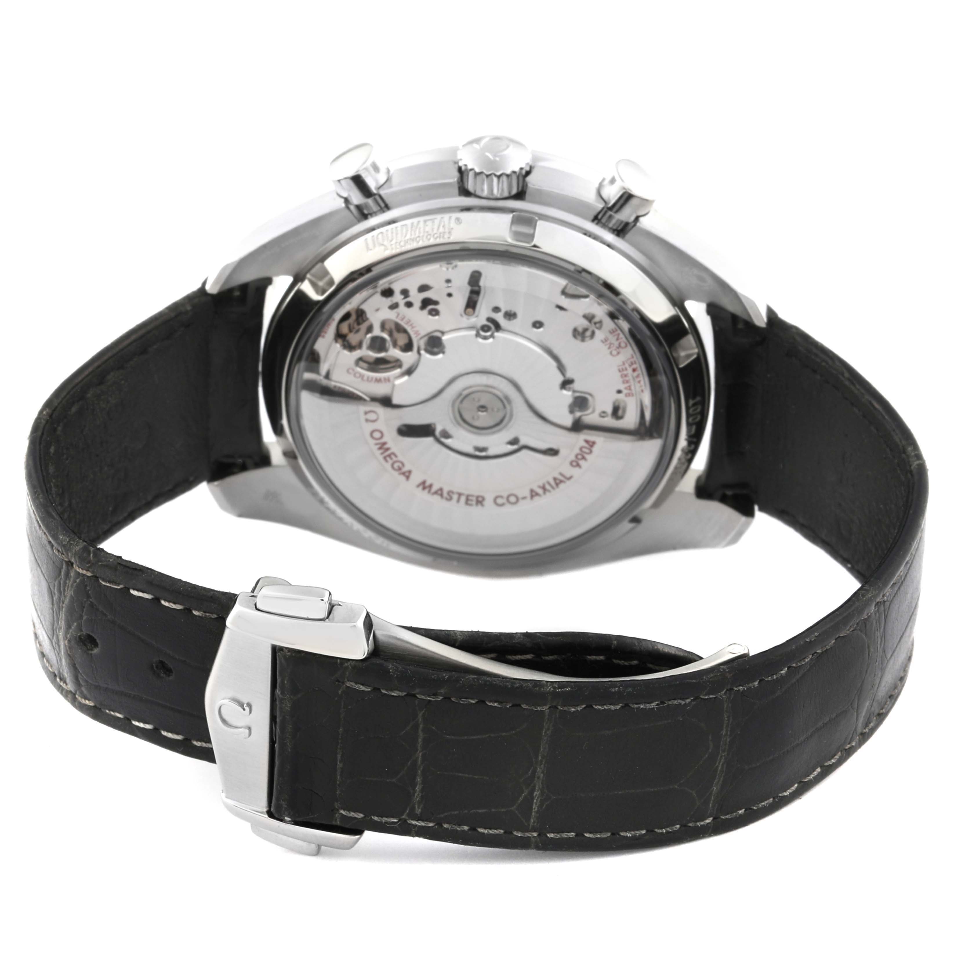 The Omega Speedmaster 304.33.44.52.01.001 Men
s Stainless Steel Black Dial 304.33.44.52.01.001 Men
s Stainless Steel Black Dial watch is shown from the back, highlighting the transparent case back and leather strap.