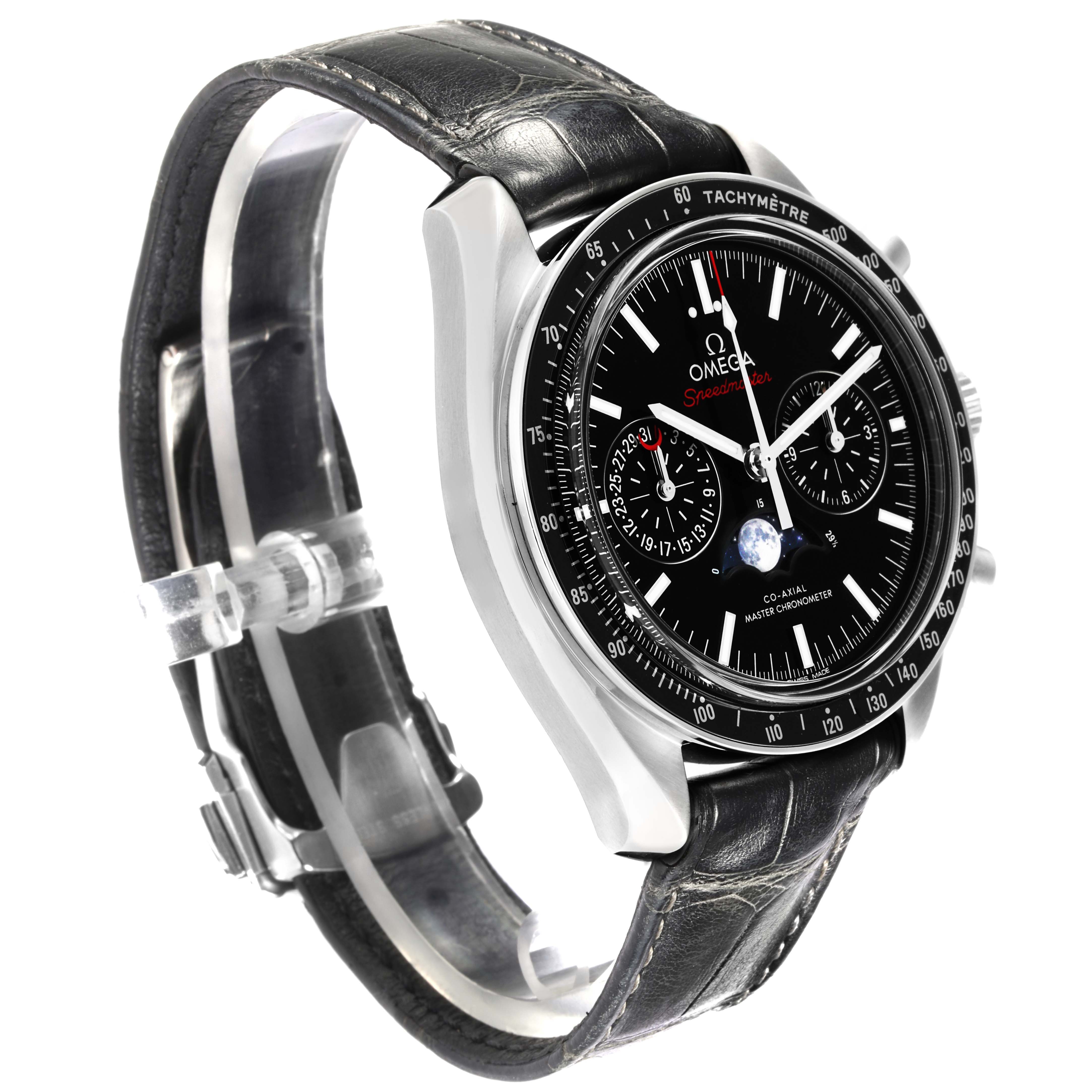 The Omega Speedmaster 304.33.44.52.01.001 Men
s Stainless Steel Black Dial 304.33.44.52.01.001 Men
s Stainless Steel Black Dial watch is shown from a side angle, highlighting the face, bezel, buttons, and leather strap.