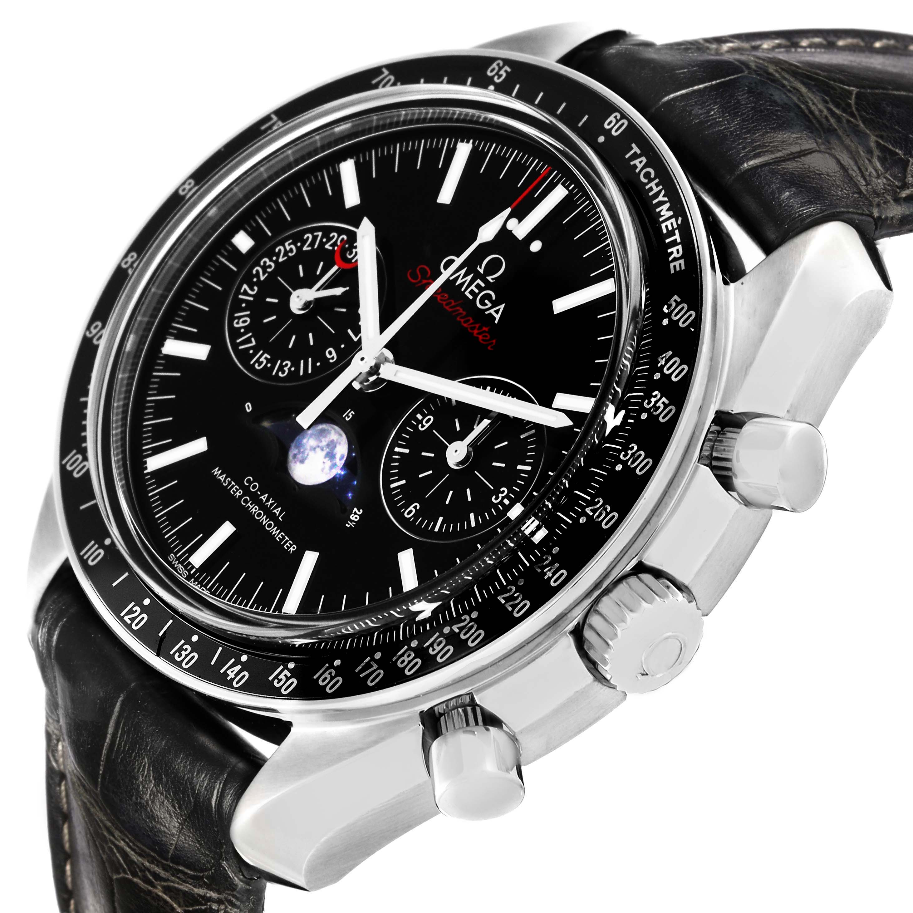 The Omega Speedmaster 304.33.44.52.01.001 Men's Stainless Steel Black Dial watch is shown at an angle highlighting the dial, bezel, pushers, and crown, with a partial view of the strap.