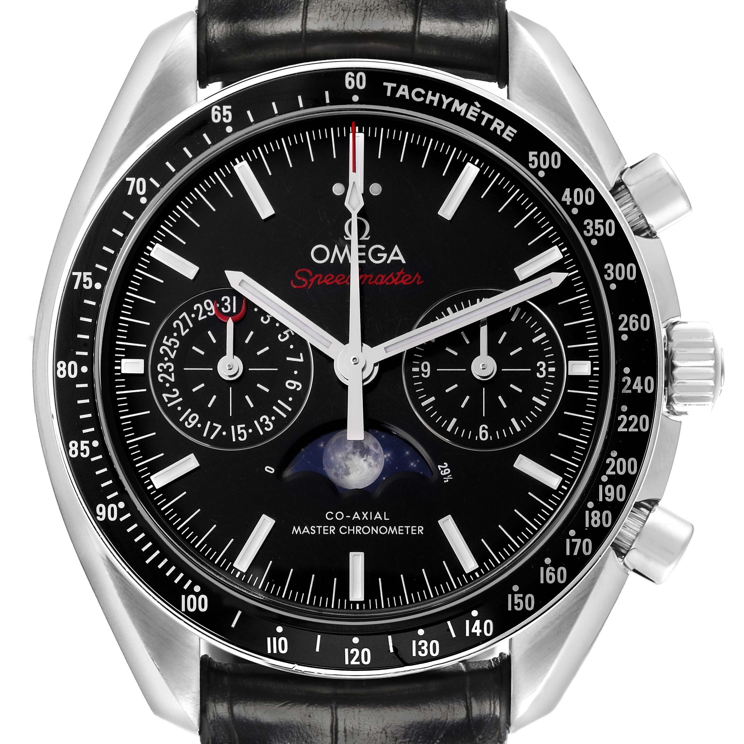 The Omega Speedmaster 304.33.44.52.01.001 Men's Stainless Steel Black Dial watch is shown from the front, displaying the dial, subdials, bezel, and crown.