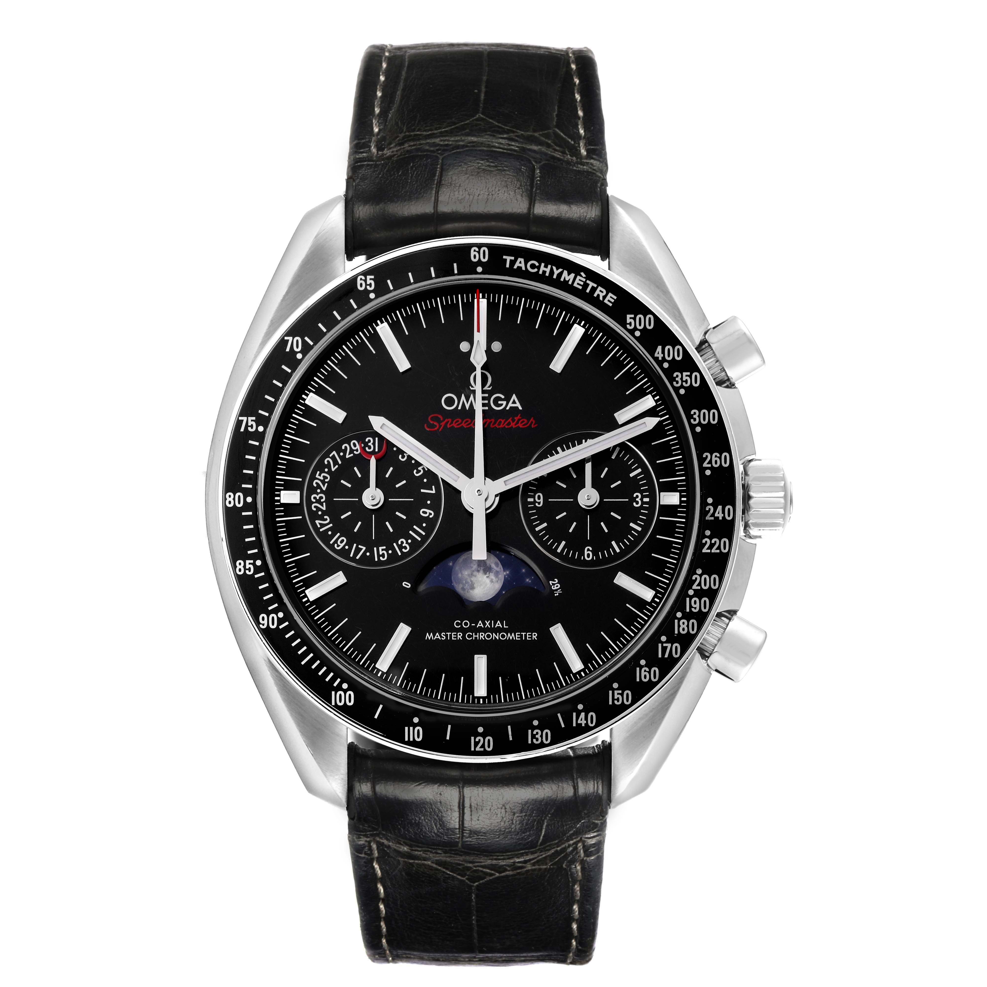 The Omega Speedmaster 304.33.44.52.01.001 Men's Stainless Steel Black Dial watch is shown from the front, highlighting the dial, subdials, tachymeter bezel, and leather strap.