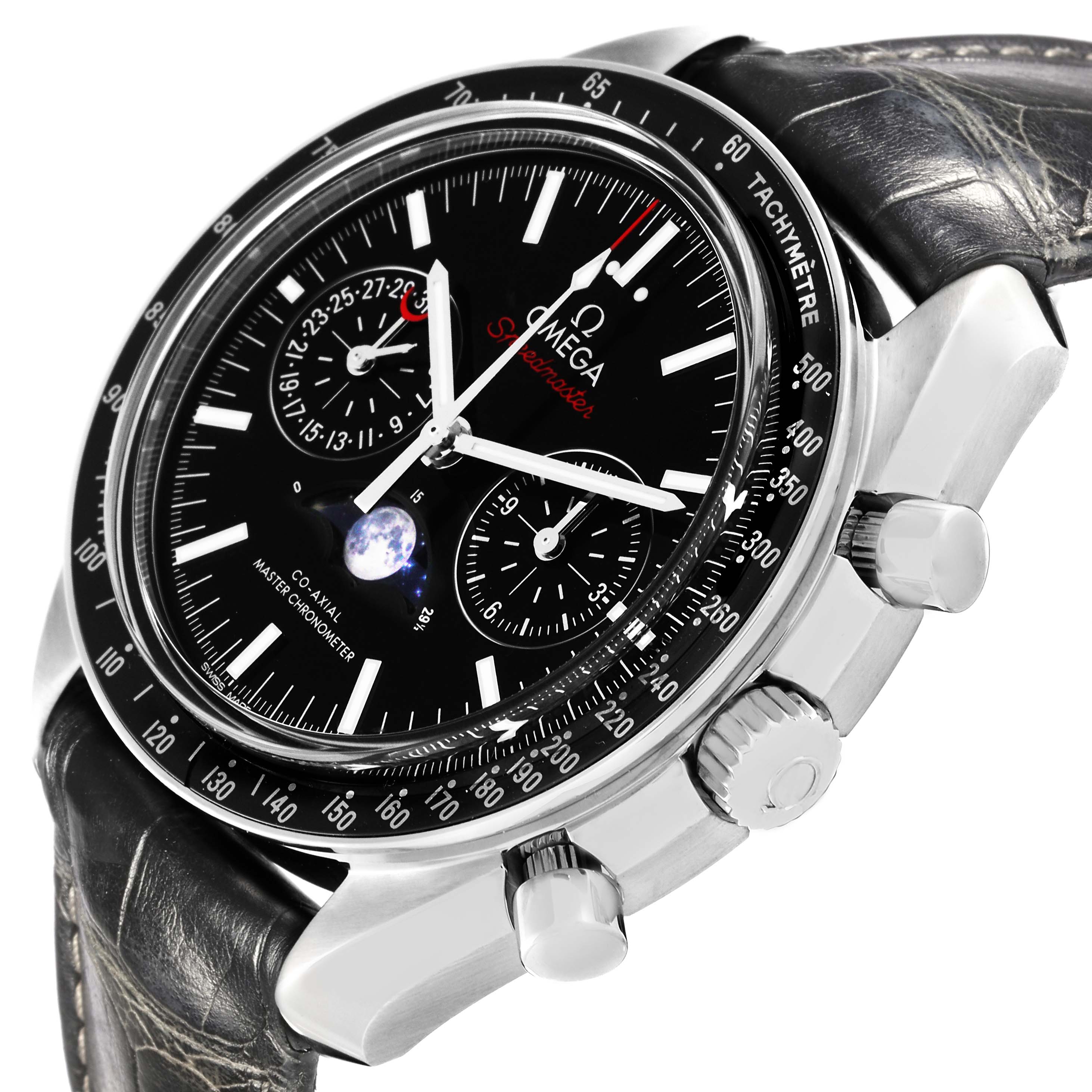 The Omega Speedmaster 304.33.44.52.01.001 Men
s Stainless Steel Black Dial 304.33.44.52.01.001 Men
s Stainless Steel Black Dial watch is shown at a slight angle, highlighting the dial, bezel, crown, pushers, and leather strap.