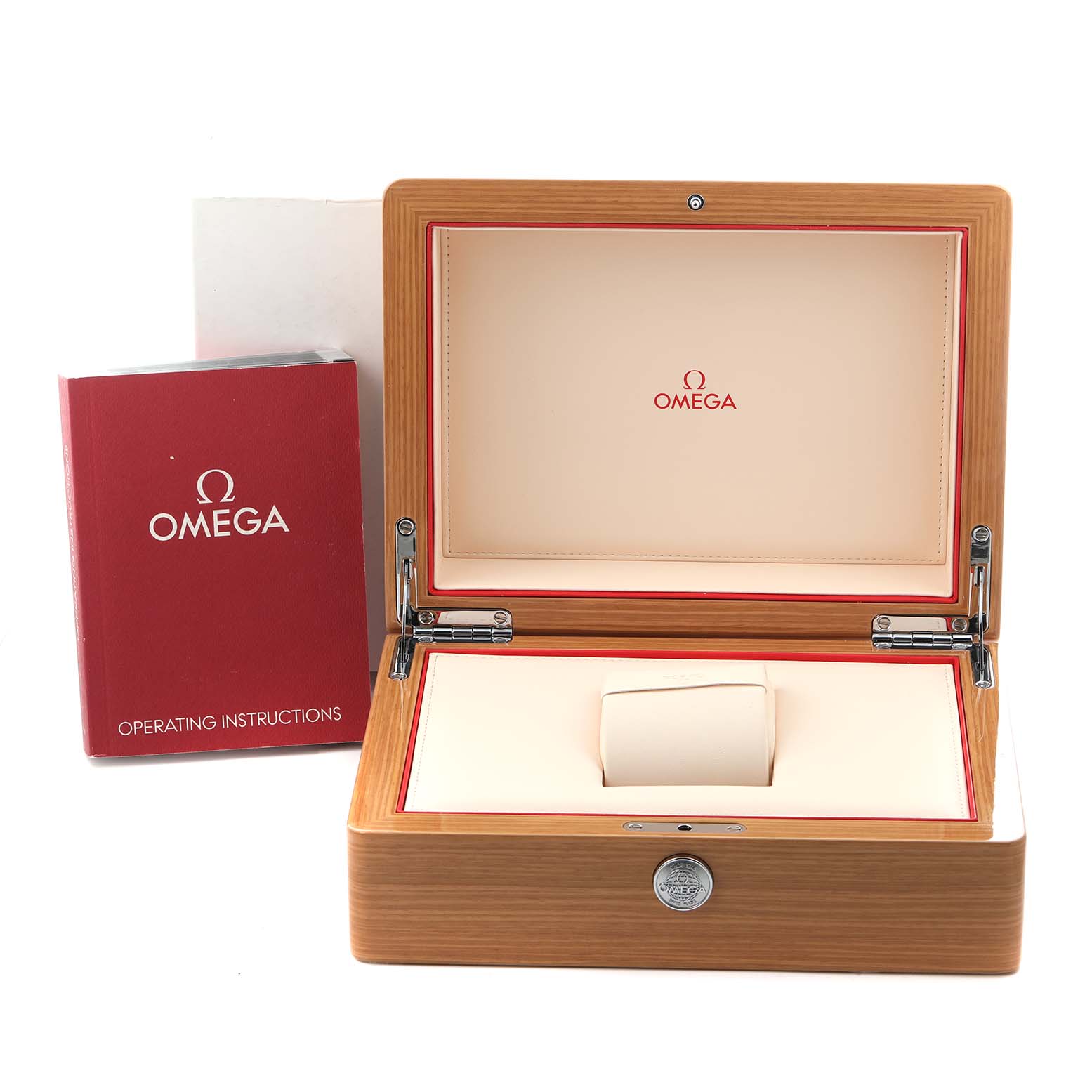 The image shows a wooden Omega Speedmaster 304.33.44.52.01.001 Men
s Stainless Steel Black Dial 304.33.44.52.01.001 Men
s Stainless Steel Black Dial watch box open, with the operating instructions book beside it.