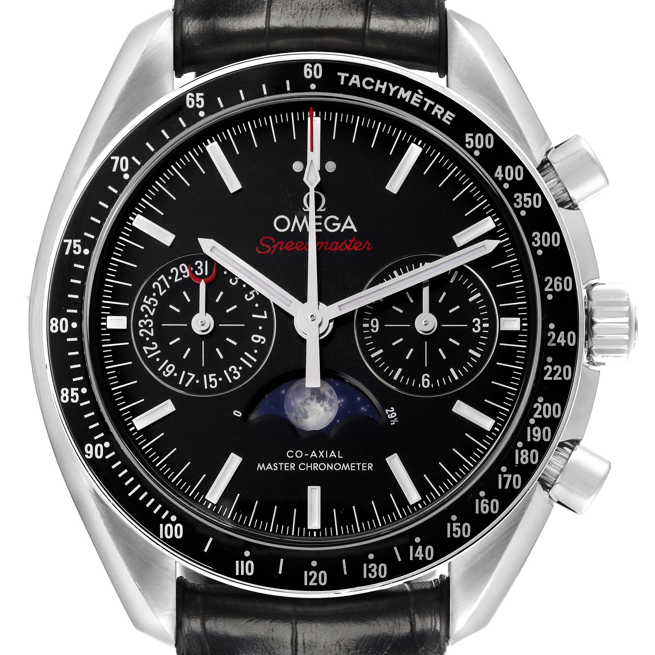 The Omega Speedmaster 304.33.44.52.01.001 Men's Stainless Steel Black Dial watch is shown from the front, highlighting the dial, subdials, moonphase, and tachymeter bezel.