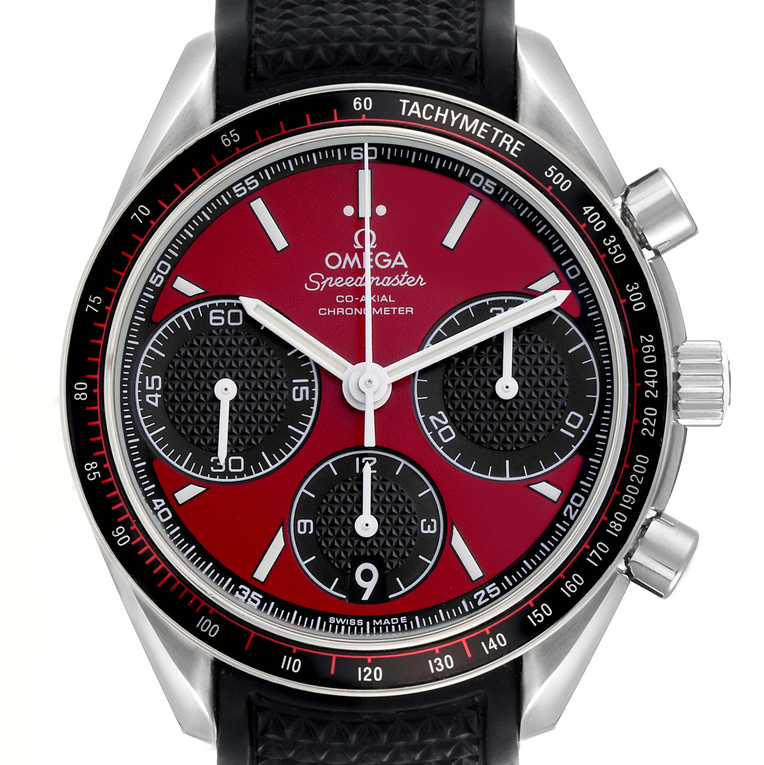 The Omega Speedmaster 326.32.40.50.11.001 Men
s Stainless Steel Red Dial 326.32.40.50.11.001 Men
s Stainless Steel Red Dial watch is shown from the front, highlighting the face, subdials, bezel, and pushers.