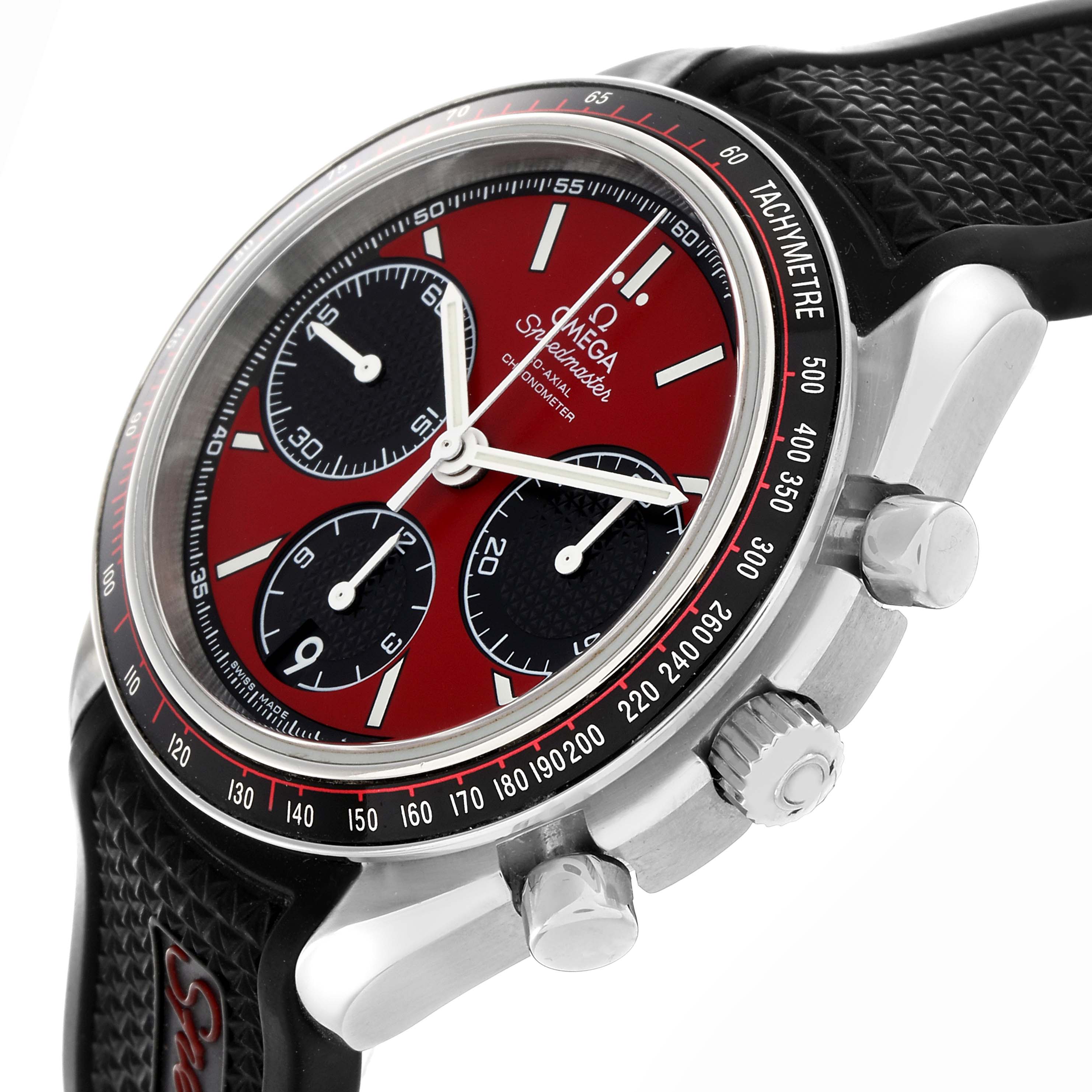 The Omega Speedmaster 326.32.40.50.11.001 Men
s Stainless Steel Red Dial 326.32.40.50.11.001 Men
s Stainless Steel Red Dial model is shown at an angled view, highlighting the dial, tachymetric bezel, crown, and pushers.