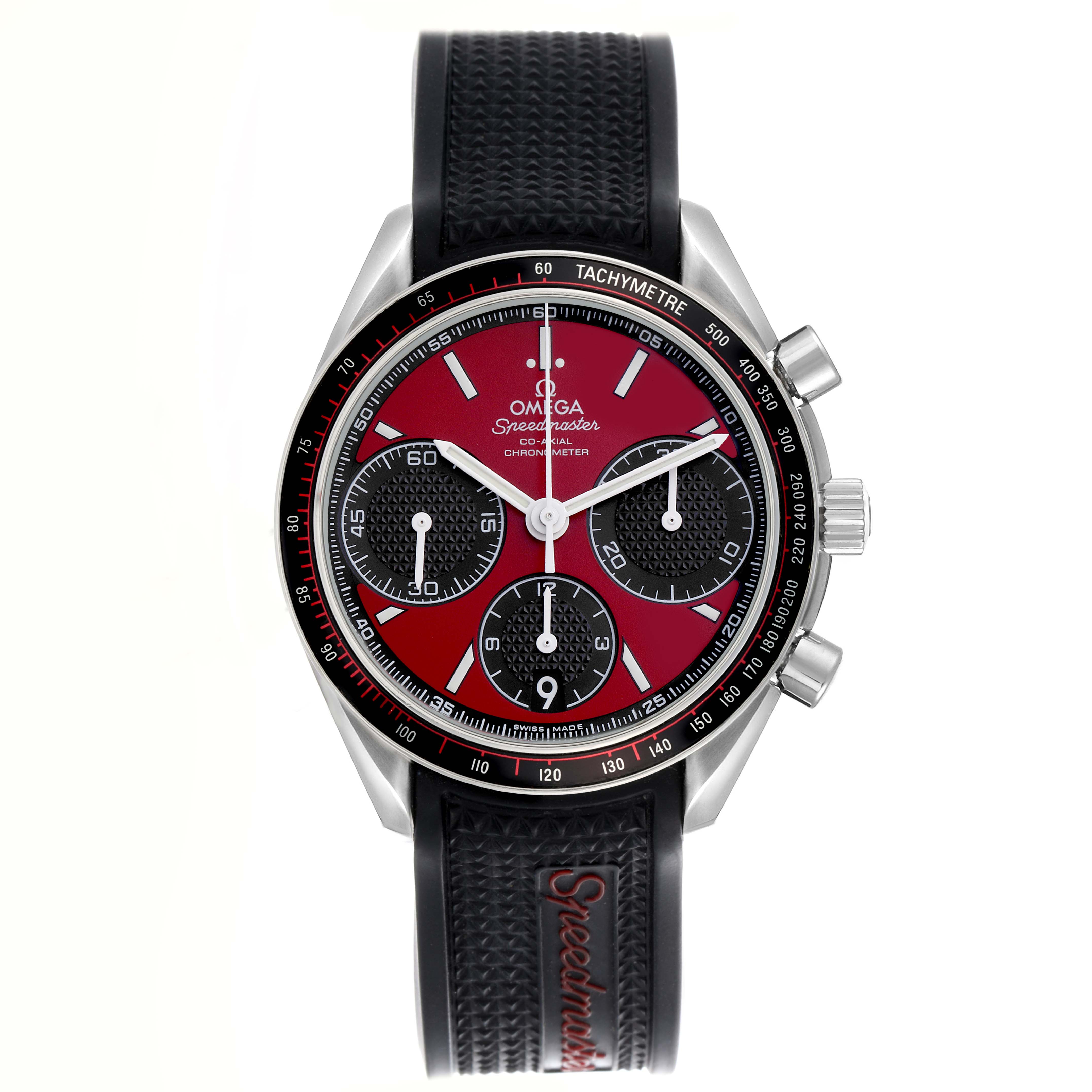 The Omega Speedmaster 326.32.40.50.11.001 Men
s Stainless Steel Red Dial 326.32.40.50.11.001 Men
s Stainless Steel Red Dial watch is shown from the front, displaying its dial, tachymeter bezel, subdials, and textured strap.