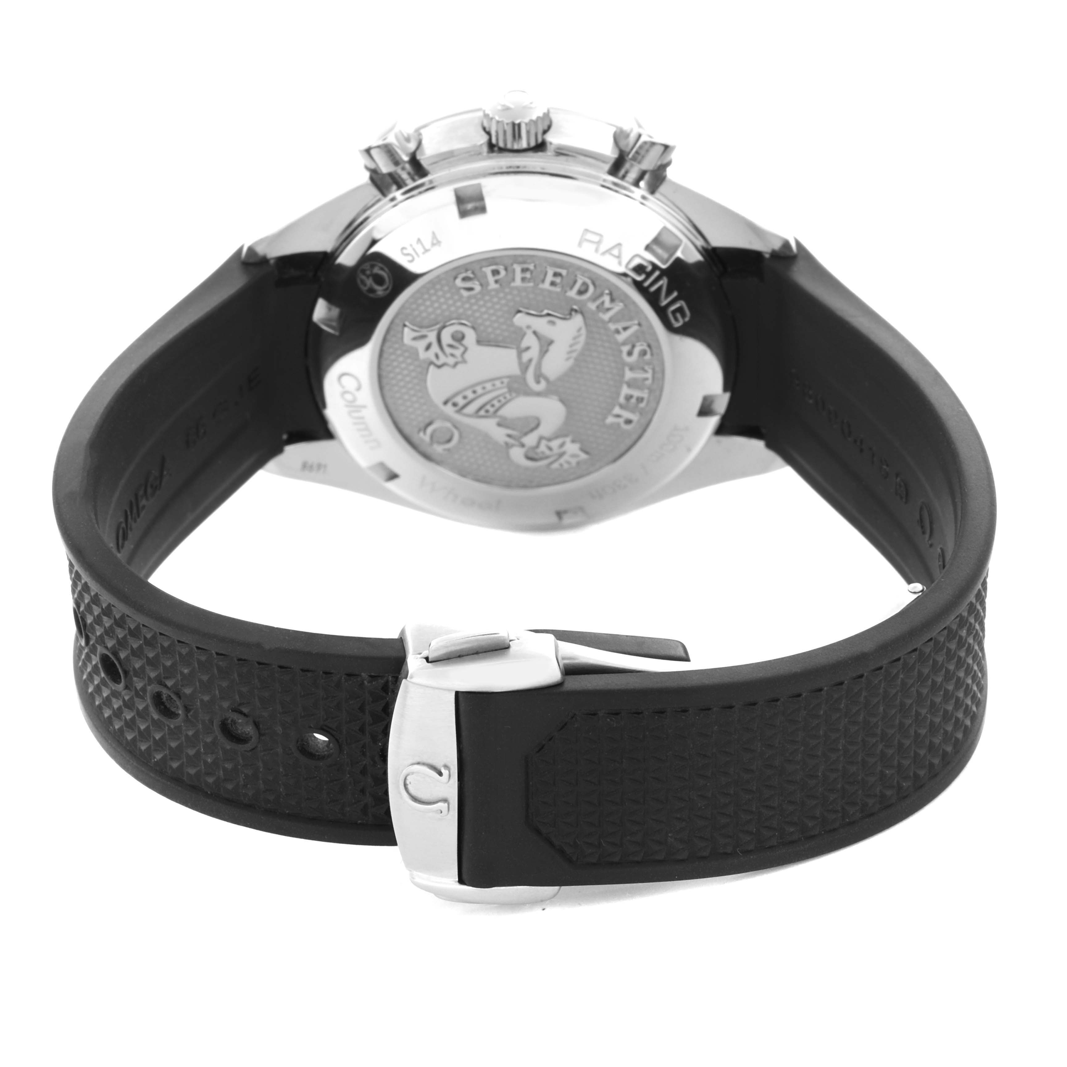 The image shows the back of an Omega Speedmaster 326.32.40.50.11.001 Men
s Stainless Steel Red Dial 326.32.40.50.11.001 Men
s Stainless Steel Red Dial, focusing on the case back, strap, and buckle.