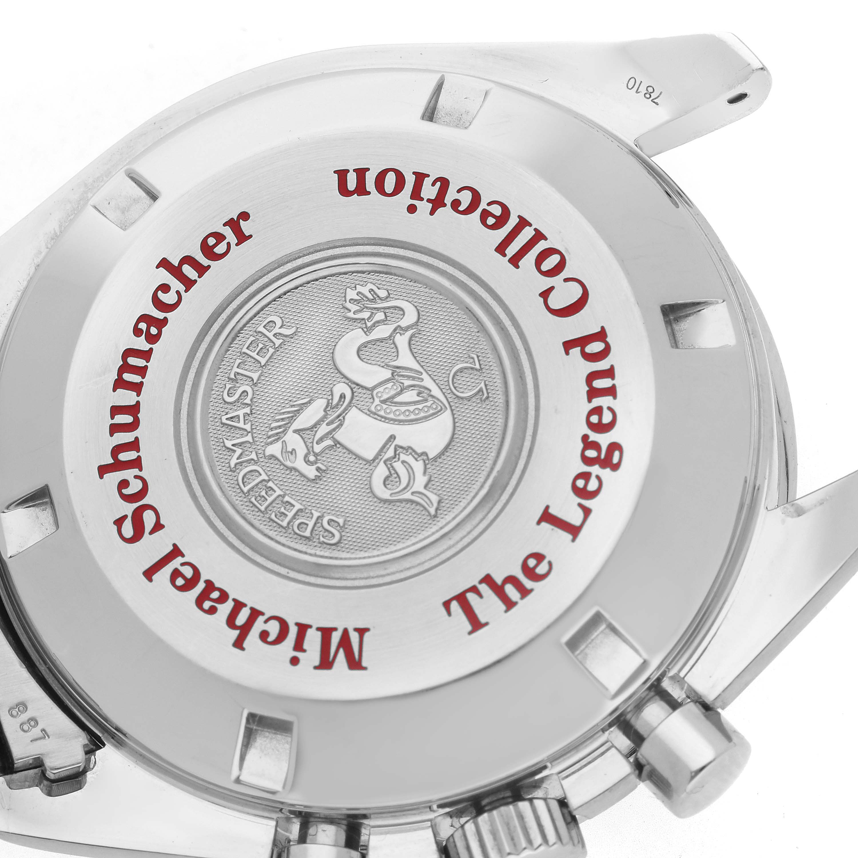 The image shows the back of an Omega Speedmaster 3507.51.00 Men
s Stainless Steel Black Dial 3507.51.00 Men
s Stainless Steel Black Dial watch at an angled view, emphasizing engravings and the crown side.