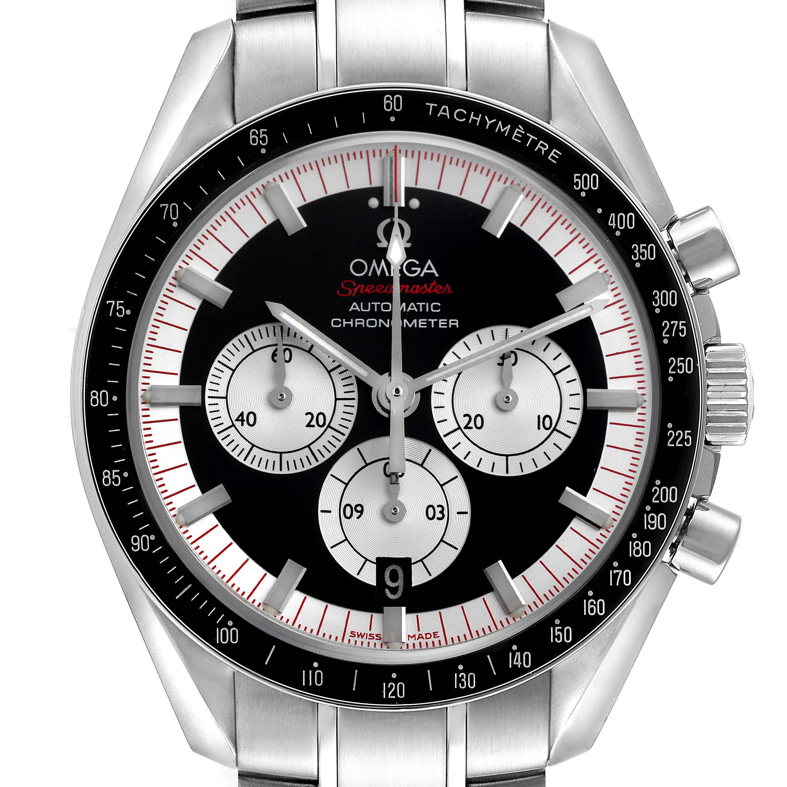 The Omega Speedmaster 3507.51.00 Men
s Stainless Steel Black Dial 3507.51.00 Men
s Stainless Steel Black Dial watch is shown from a front angle, highlighting the dial, bezel, and subdials.